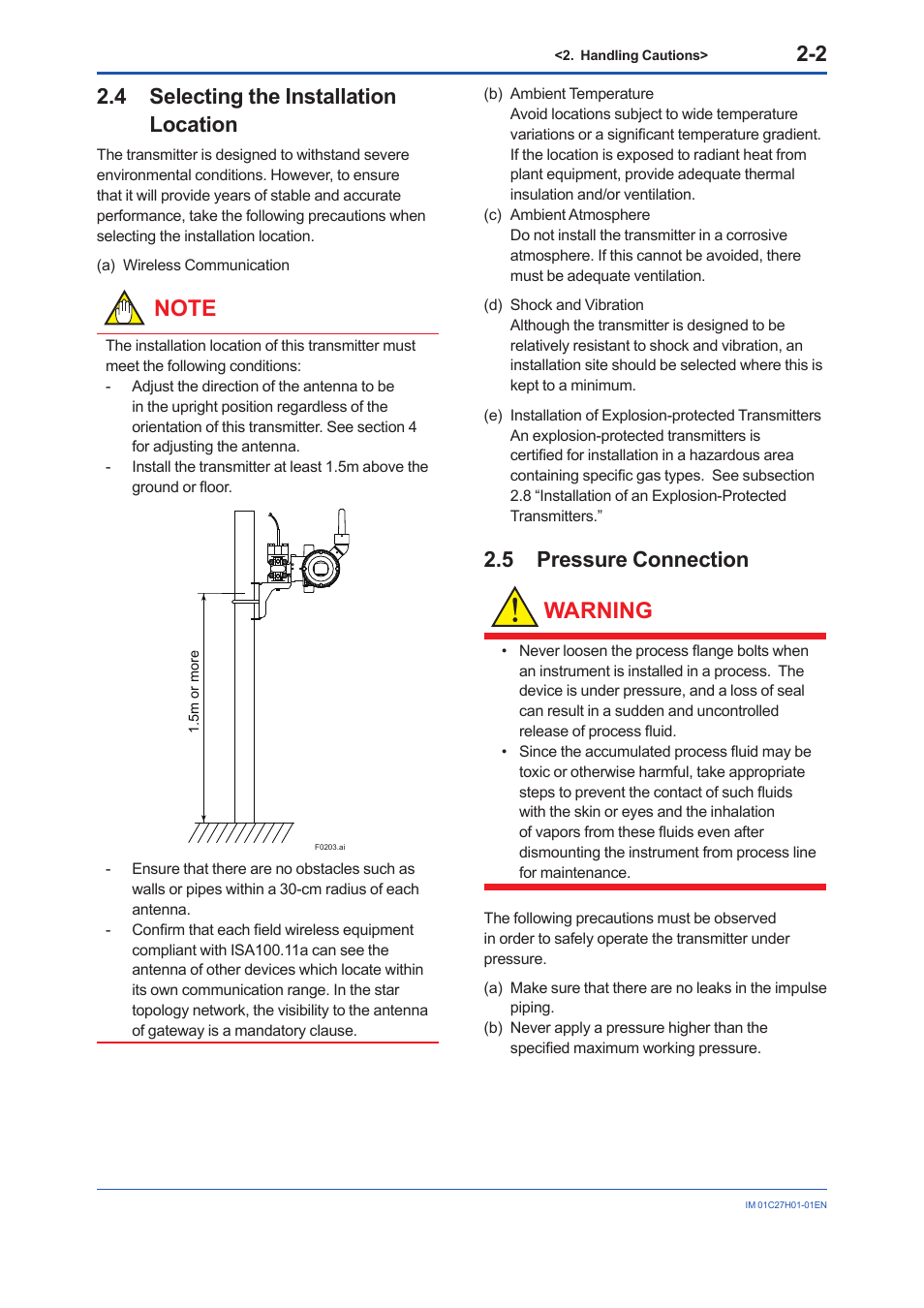 4 selecting the installation location, 5 pressure connection, Selecting the installation location -2 | Pressure connection -2, Warning | Yokogawa EJX438B User Manual | Page 10 / 104