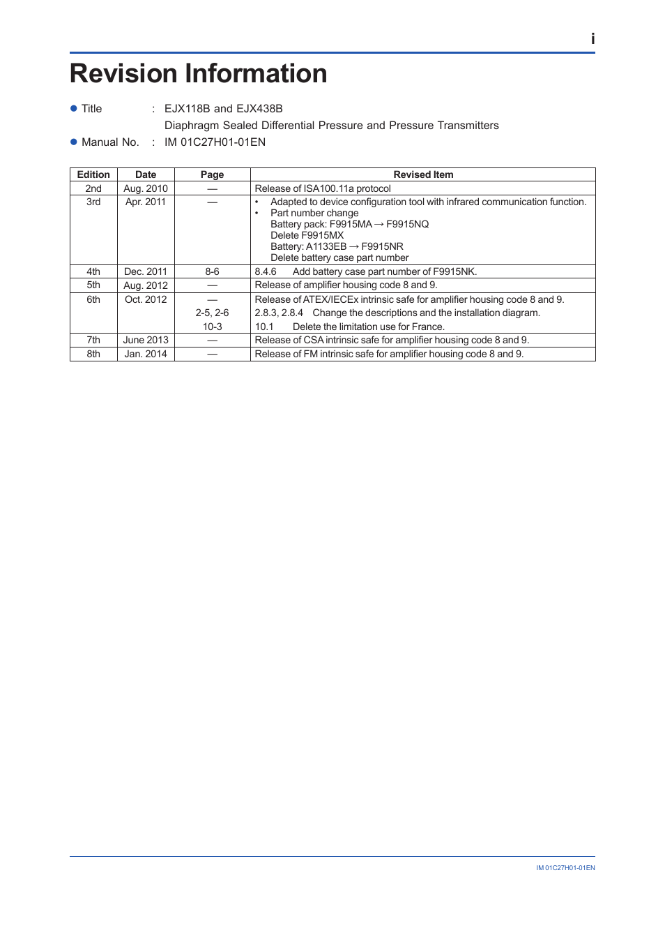 Revision information | Yokogawa EJX438B User Manual | Page 104 / 104