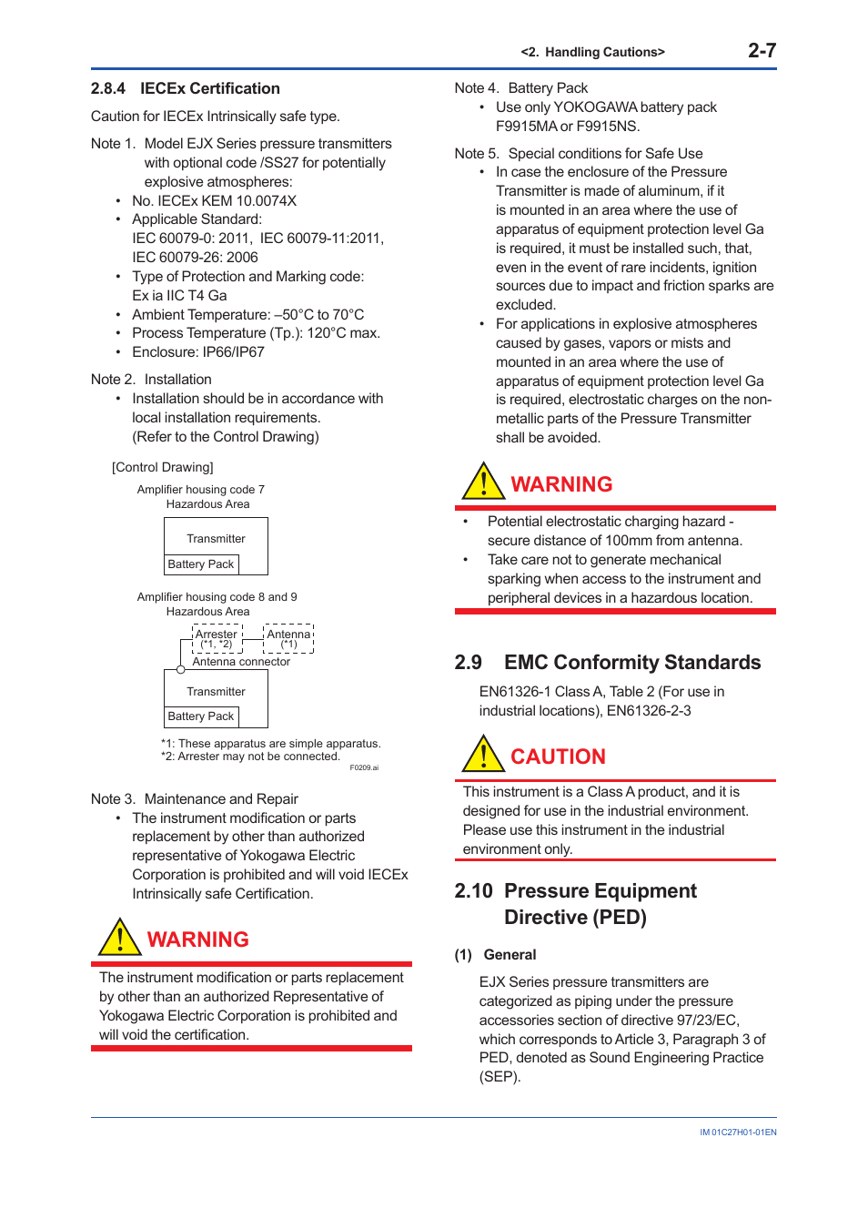4 iecex certification, 9 emc conformity standards, 10 pressure equipment directive (ped) | Iecex certification -7, Emc conformity standards -7, Pressure equipment directive (ped) -7, Warning, Caution | Yokogawa EJX438B User Manual | Page 15 / 104