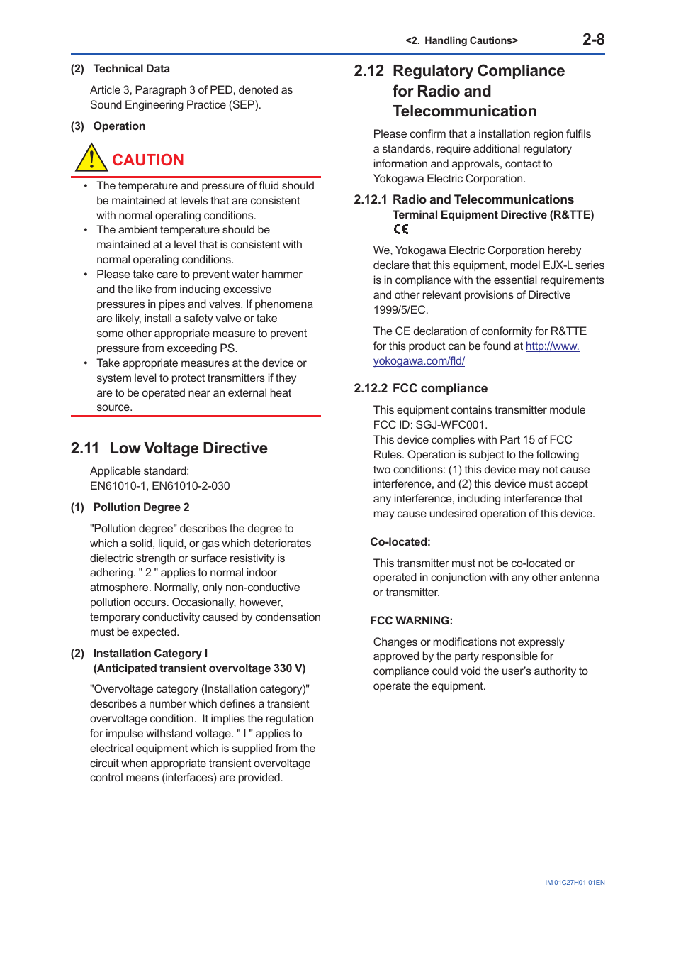 11 low voltage directive, 2 fcc compliance, Low voltage directive -8 | Fcc compliance -8, Caution | Yokogawa EJX438B User Manual | Page 16 / 104