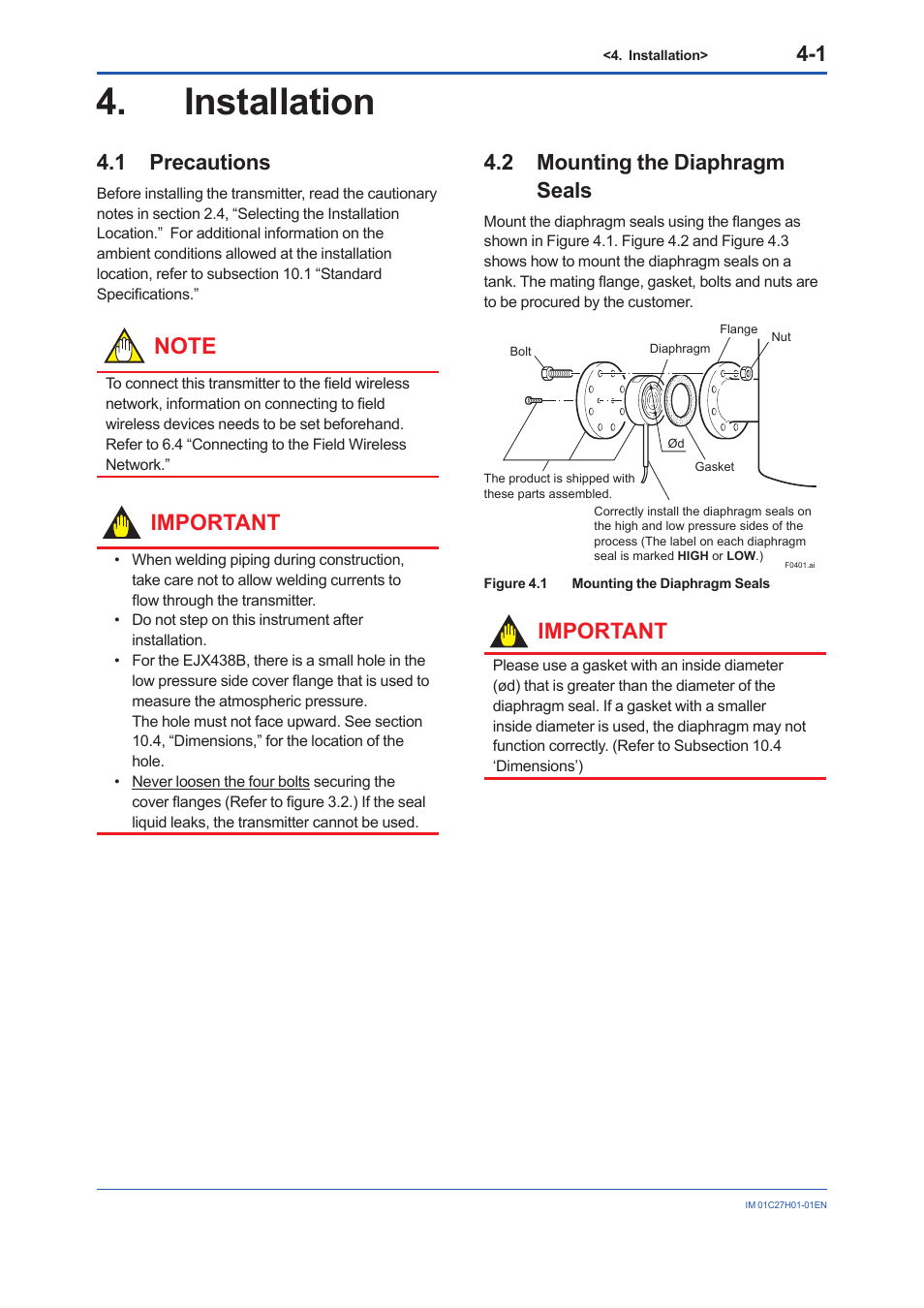 Installation, 1 precautions, 2 mounting the diaphragm seals | Installation -1, Precautions -1, Mounting the diaphragm seals -1, Important | Yokogawa EJX438B User Manual | Page 19 / 104