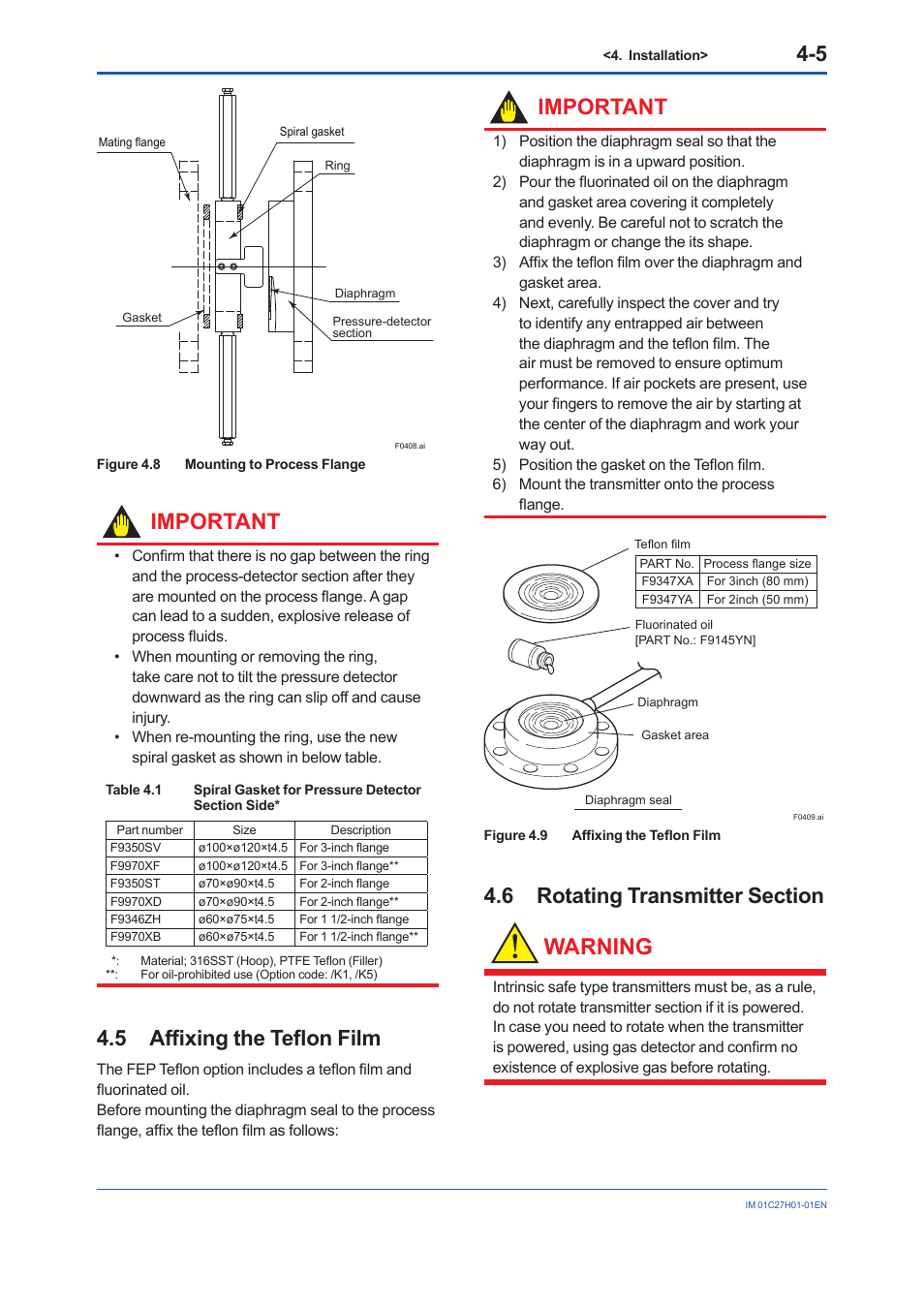 5 affixing the teflon film, 6 rotating transmitter section, Affixing the teflon film -5 | Rotating transmitter section -5, Warning, Important | Yokogawa EJX438B User Manual | Page 23 / 104