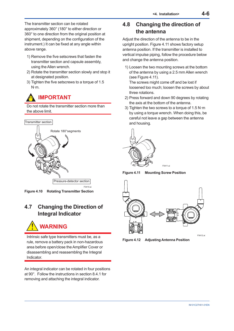 7 changing the direction of integral indicator, 8 changing the direction of the antenna, Changing the direction of integral indicator -6 | Changing the direction of the antenna -6, Warning, Important | Yokogawa EJX438B User Manual | Page 24 / 104
