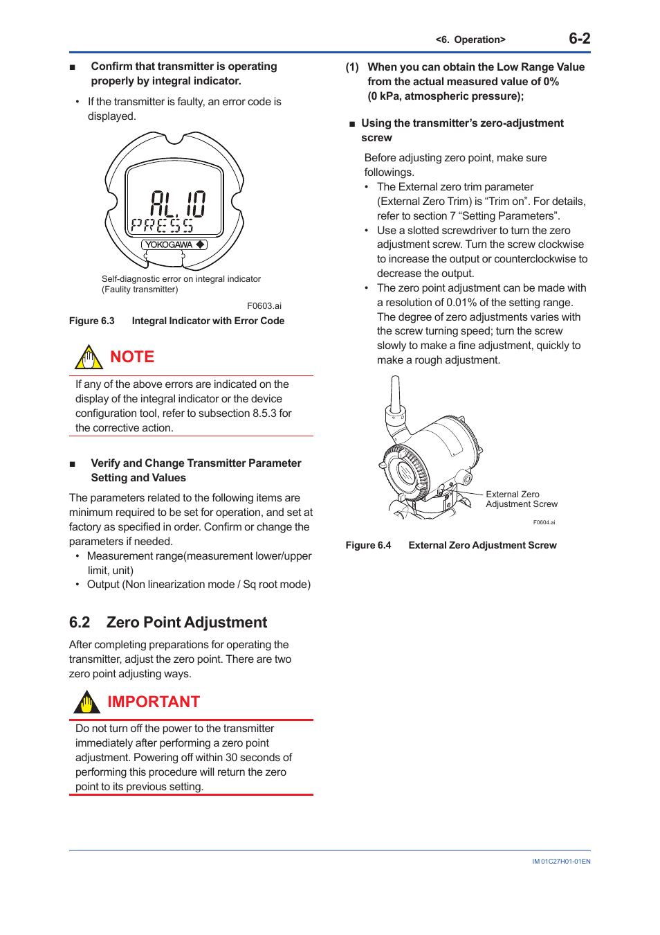 2 zero point adjustment, Zero point adjustment -2, Important | Yokogawa EJX438B User Manual | Page 30 / 104
