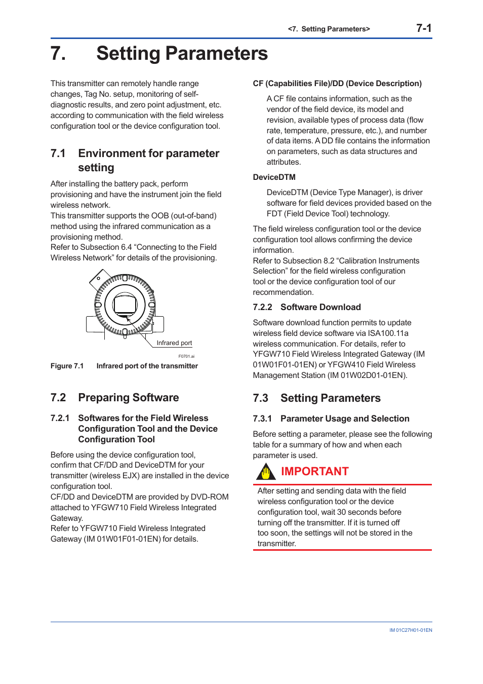 Setting parameters, 1 environment for parameter setting, 2 preparing software | 2 software download, 3 setting parameters, 1 parameter usage and selection, Setting parameters -1, Environment for parameter setting -1, Preparing software -1 7.2.1, Configuration tool -1 | Yokogawa EJX438B User Manual | Page 35 / 104