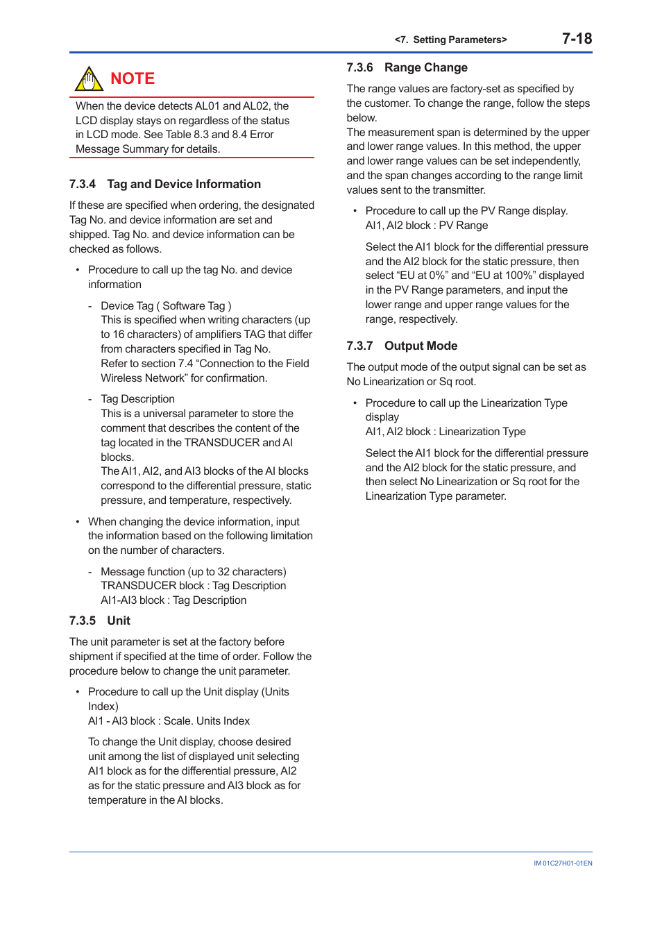 4 tag and device information, 5 unit, 6 range change | 7 output mode, Tag and device information -18, Unit -18, Range change -18, Output mode -18 | Yokogawa EJX438B User Manual | Page 52 / 104