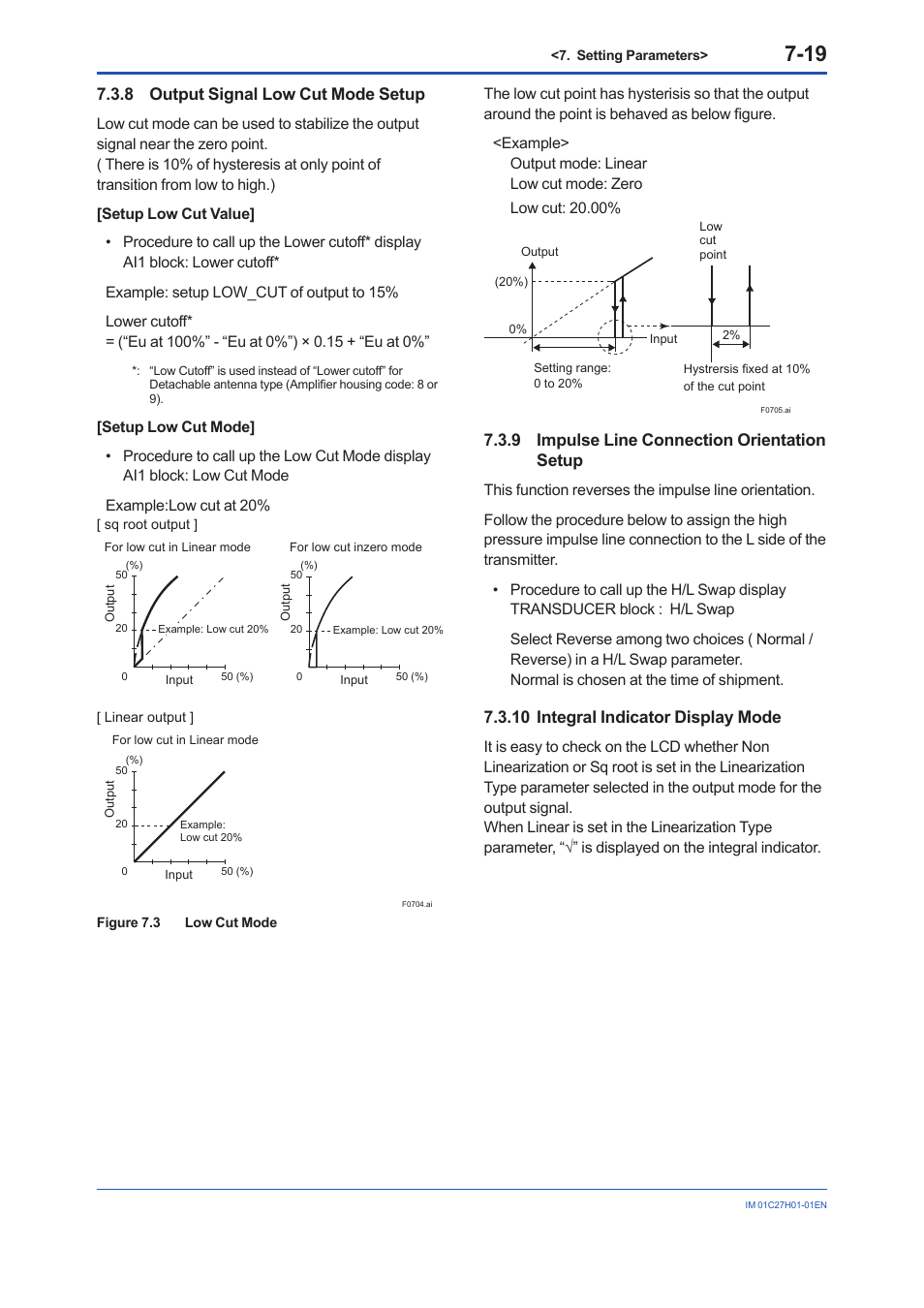 8 output signal low cut mode setup, 9 impulse line connection orientation setup, 10 integral indicator display mode | Output signal low cut mode setup -19, Impulse line connection orientation setup -19, Integral indicator display mode -19 | Yokogawa EJX438B User Manual | Page 53 / 104
