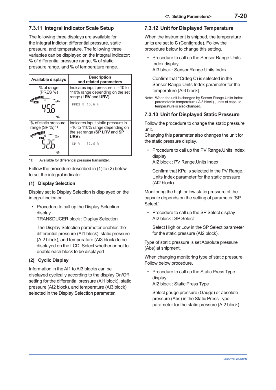 11 integral indicator scale setup, 12 unit for displayed temperature, 13 unit for displayed static pressure | Integral indicator scale setup -20, Unit for displayed temperature -20, Unit for displayed static pressure -20 | Yokogawa EJX438B User Manual | Page 54 / 104