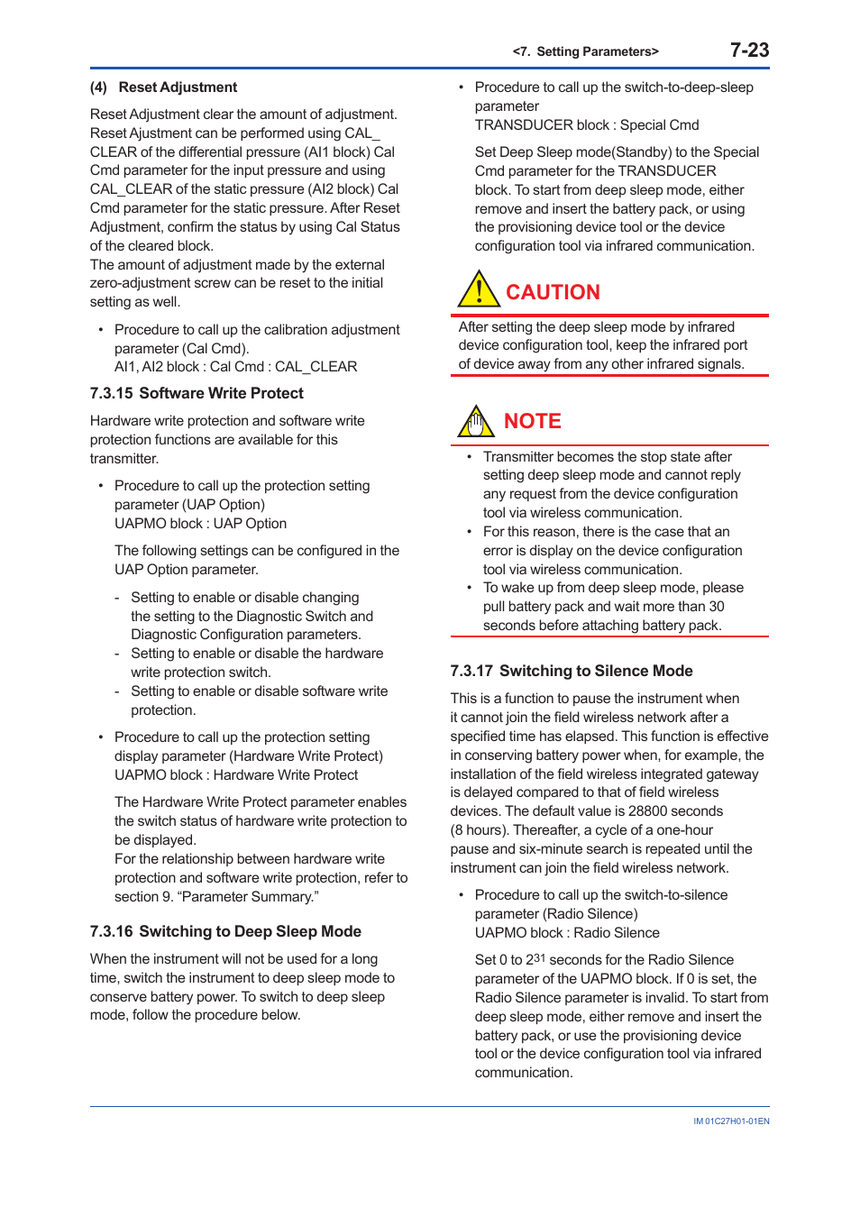 15 software write protect, 16 switching to deep sleep mode, 17 switching to silence mode | Software write protect -23, Switching to deep sleep mode -23, Switching to silence mode -23, Caution | Yokogawa EJX438B User Manual | Page 57 / 104