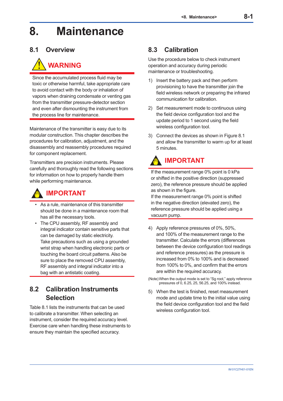 Maintenance, 1 overview, 2 calibration instruments selection | 3 calibration, Maintenance -1, Overview -1, Calibration instruments selection -1, Calibration -1, Warning, Important | Yokogawa EJX438B User Manual | Page 62 / 104