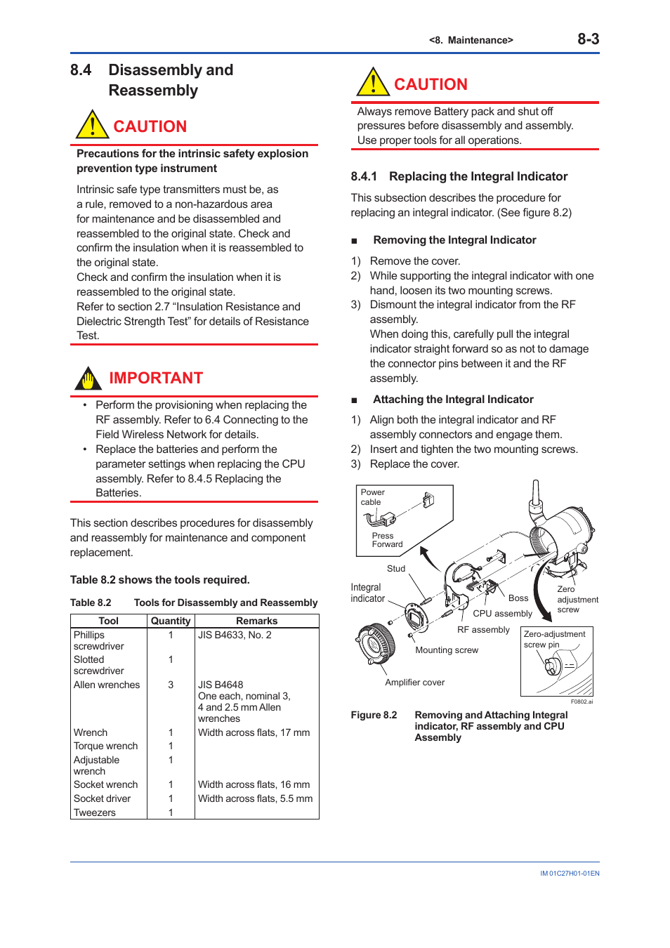 4 disassembly and reassembly, 1 replacing the integral indicator, Disassembly and reassembly -3 8.4.1 | Replacing the integral indicator -3, Caution, Important | Yokogawa EJX438B User Manual | Page 64 / 104