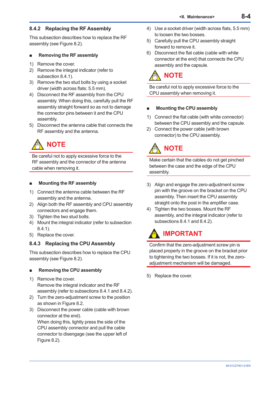 2 replacing the rf assembly, 3 replacing the cpu assembly, Replacing the rf assembly -4 | Replacing the cpu assembly -4, Important | Yokogawa EJX438B User Manual | Page 65 / 104