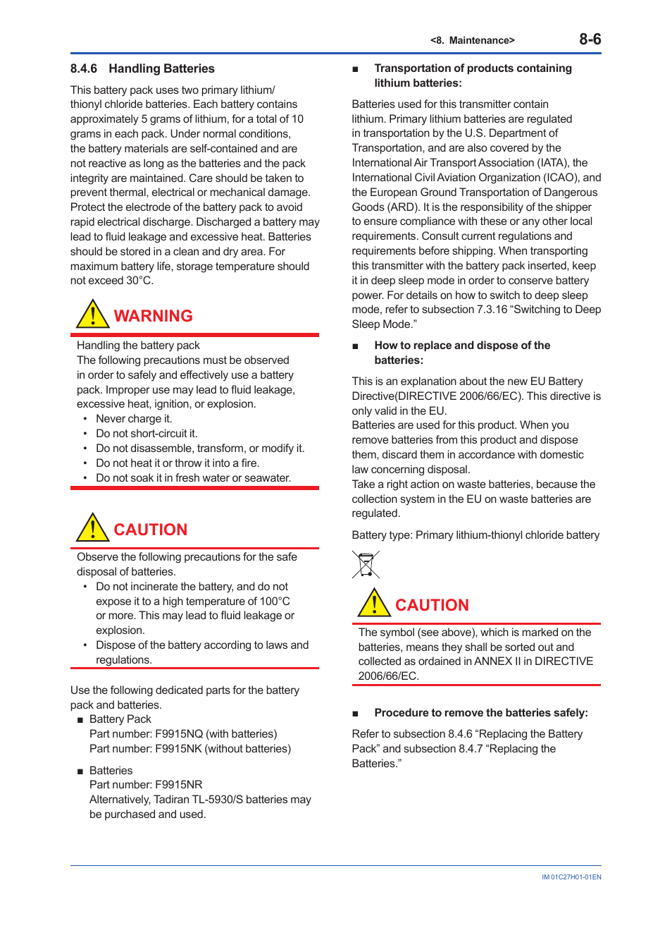 6 handling batteries, Handling batteries -6, Warning | Caution | Yokogawa EJX438B User Manual | Page 67 / 104