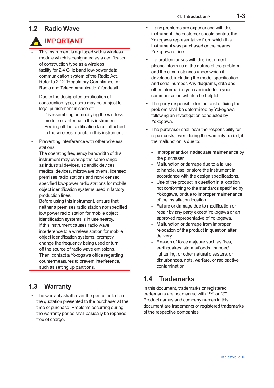 2 radio wave, 3 warranty, 4 trademarks | Radio wave -3, Warranty -3, Trademarks -3, 2 radio wave important | Yokogawa EJX438B User Manual | Page 7 / 104