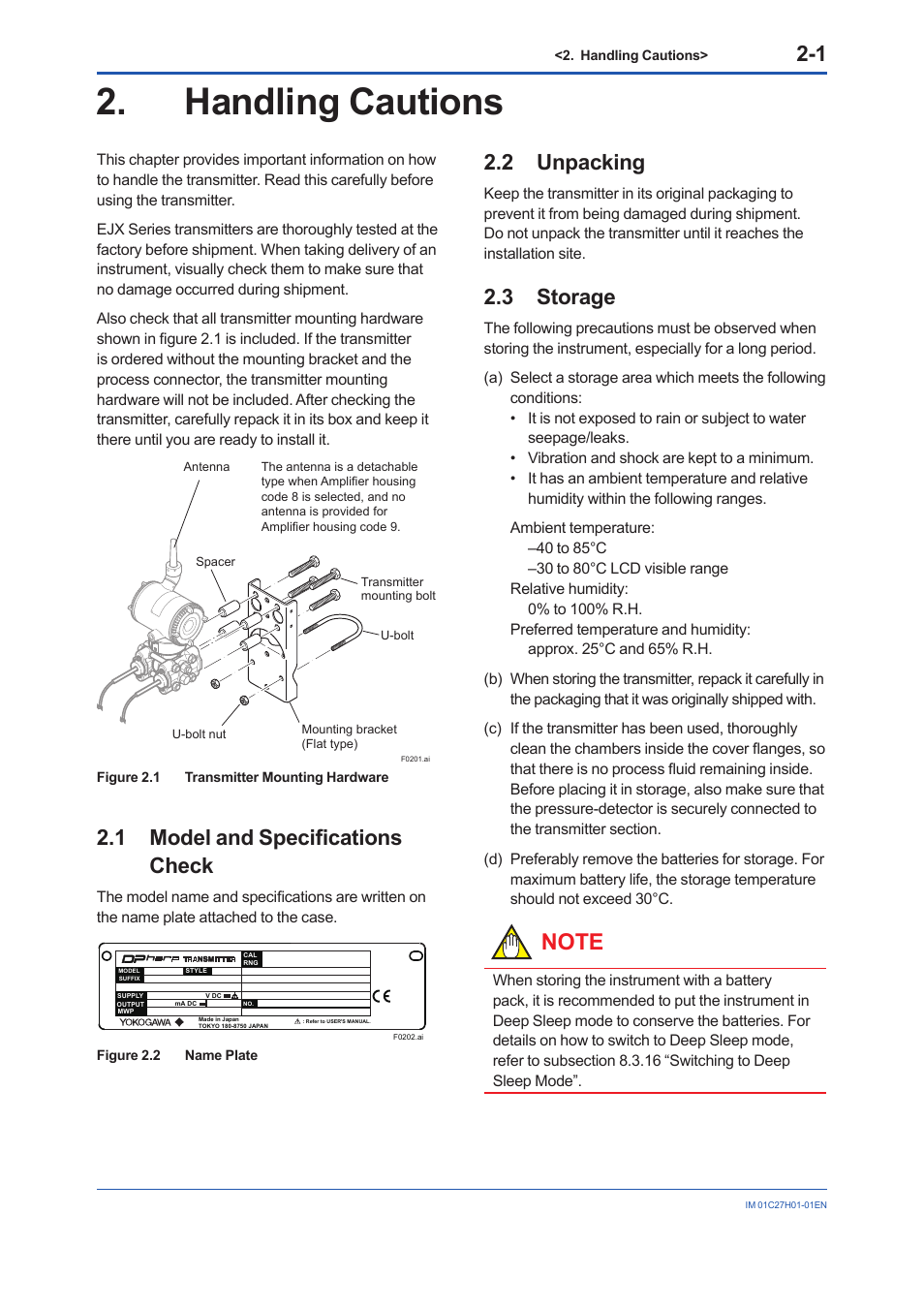 Handling cautions, 1 model and specifications check, 2 unpacking | 3 storage, Handling cautions -1, Model and specifications check -1, Unpacking -1, Storage -1 | Yokogawa EJX438B User Manual | Page 9 / 104