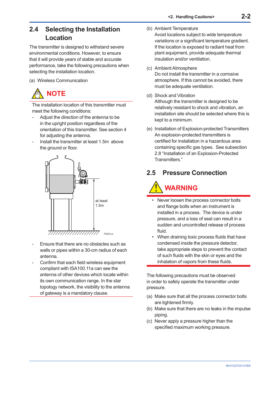 4 selecting the installation location, 5 pressure connection, Selecting the installation location -2 | Pressure connection -2, Warning | Yokogawa EJX210B User Manual | Page 10 / 101