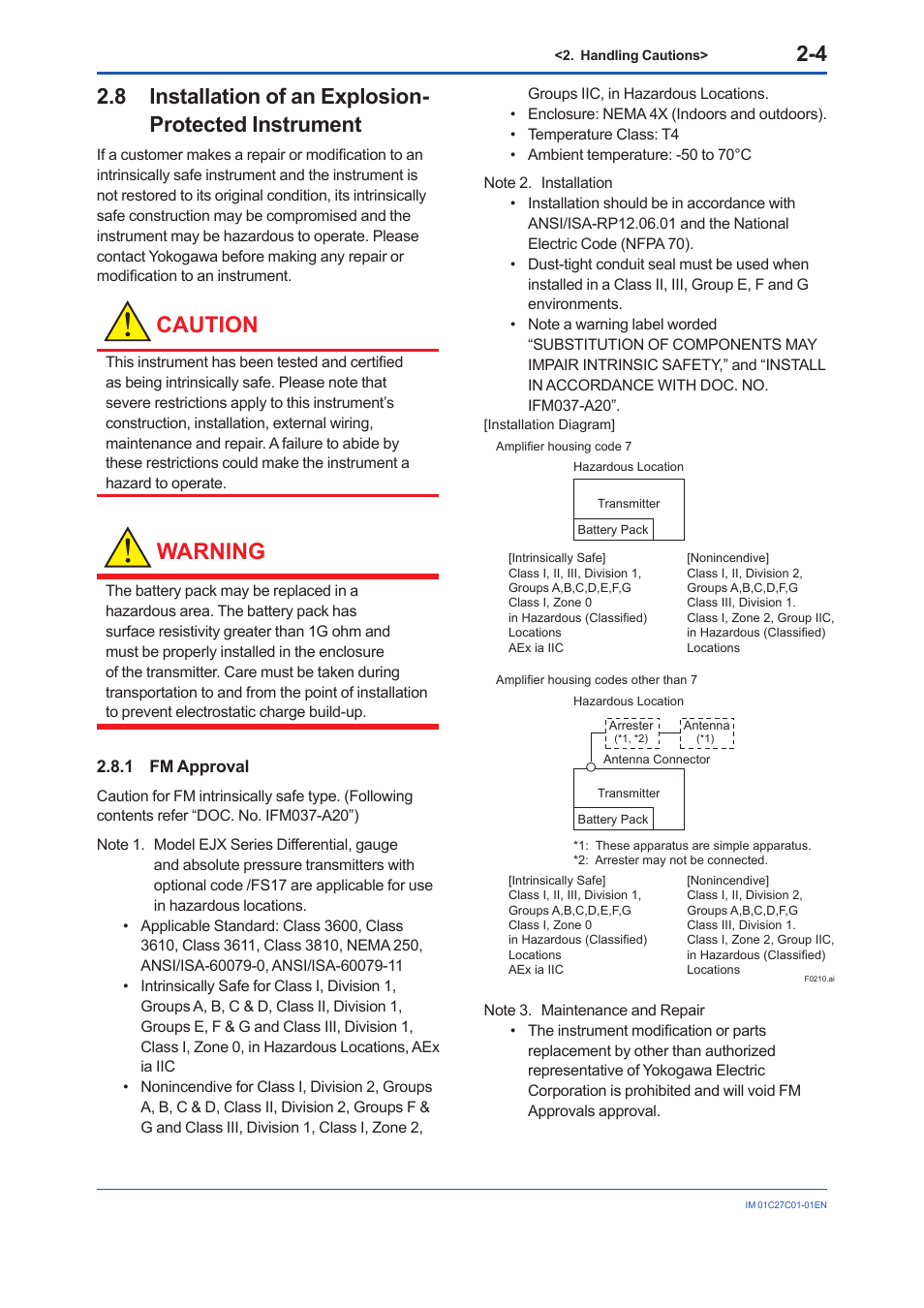 1 fm approval, Fm approval -4, Caution | Warning | Yokogawa EJX210B User Manual | Page 12 / 101