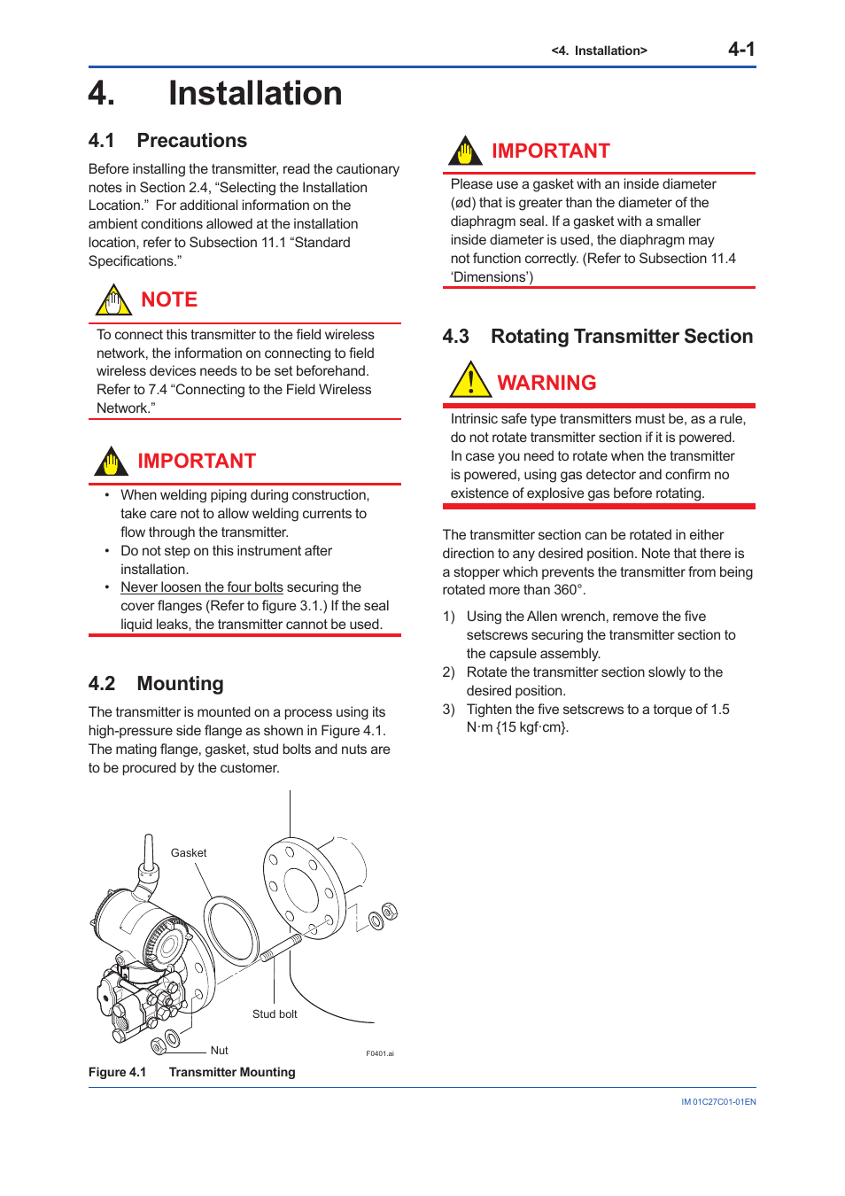 Installation, 1 precautions, 2 mounting | 3 rotating transmitter section, Installation -1, Precautions -1, Mounting -1, Rotating transmitter section -1, Warning, Important | Yokogawa EJX210B User Manual | Page 19 / 101