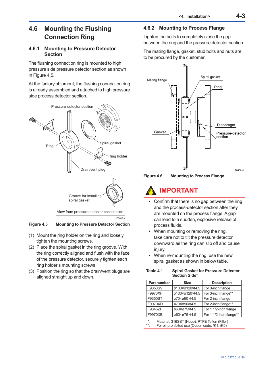 6 mounting the flushing connection ring, 1 mounting to pressure detector section, 2 mounting to process flange | Mounting the flushing connection ring -3 4.6.1, Mounting to pressure detector section -3, Mounting to process flange -3, Important | Yokogawa EJX210B User Manual | Page 21 / 101