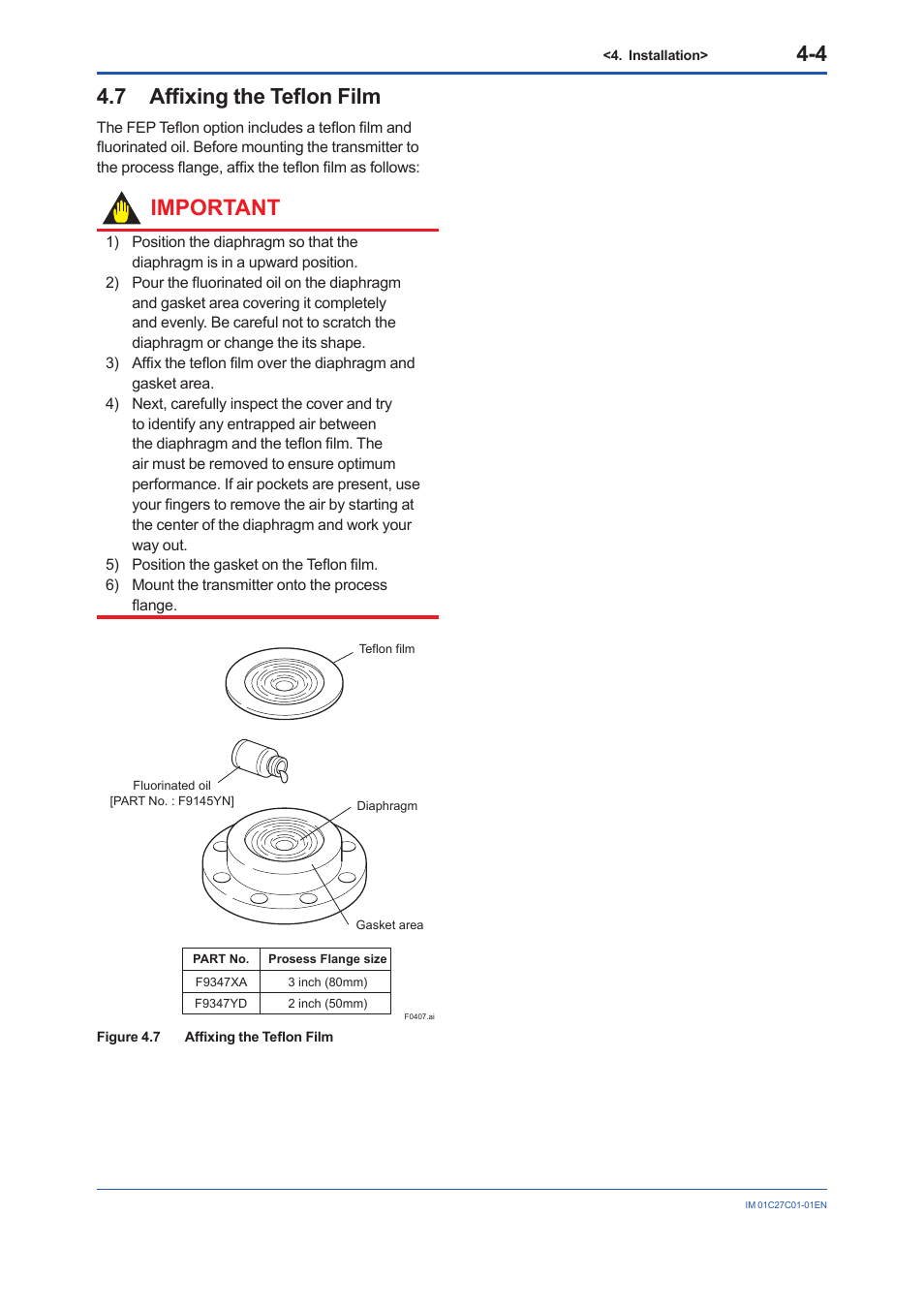 7 affixing the teflon film, Affixing the teflon film -4, Important | Yokogawa EJX210B User Manual | Page 22 / 101