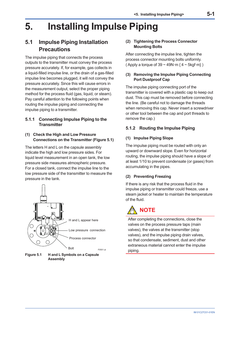Installing impulse piping, 1 impulse piping installation precautions, 1 connecting impulse piping to the transmitter | 2 routing the impulse piping, Installing impulse piping -1, Impulse piping installation precautions -1 5.1.1, Connecting impulse piping to the transmitter -1, Routing the impulse piping -1 | Yokogawa EJX210B User Manual | Page 23 / 101