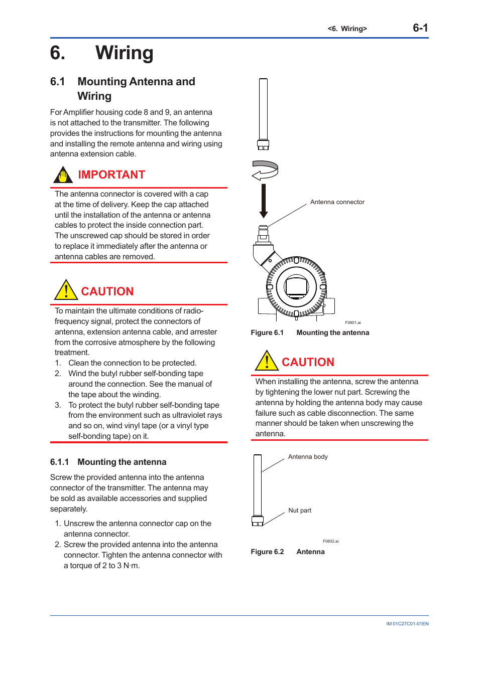 Wiring, 1 mounting antenna and wiring, 1 mounting the antenna | Wiring -1, Mounting antenna and wiring -1 6.1.1, Mounting the antenna -1, Caution, Important | Yokogawa EJX210B User Manual | Page 25 / 101