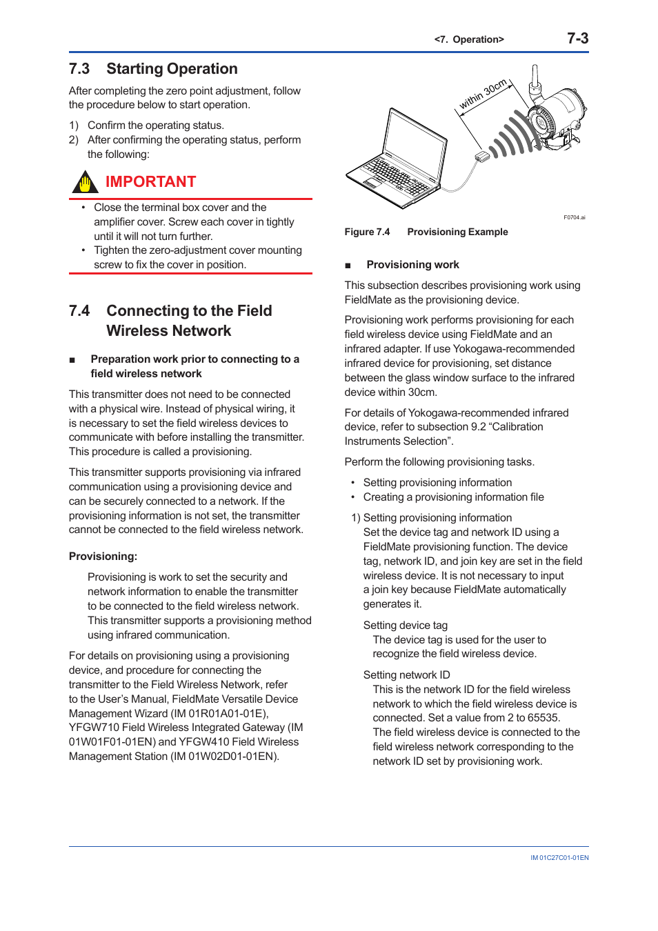 3 starting operation, 4 connecting to the field wireless network, Starting operation -3 | Connecting to the field wireless network -3, Important | Yokogawa EJX210B User Manual | Page 31 / 101