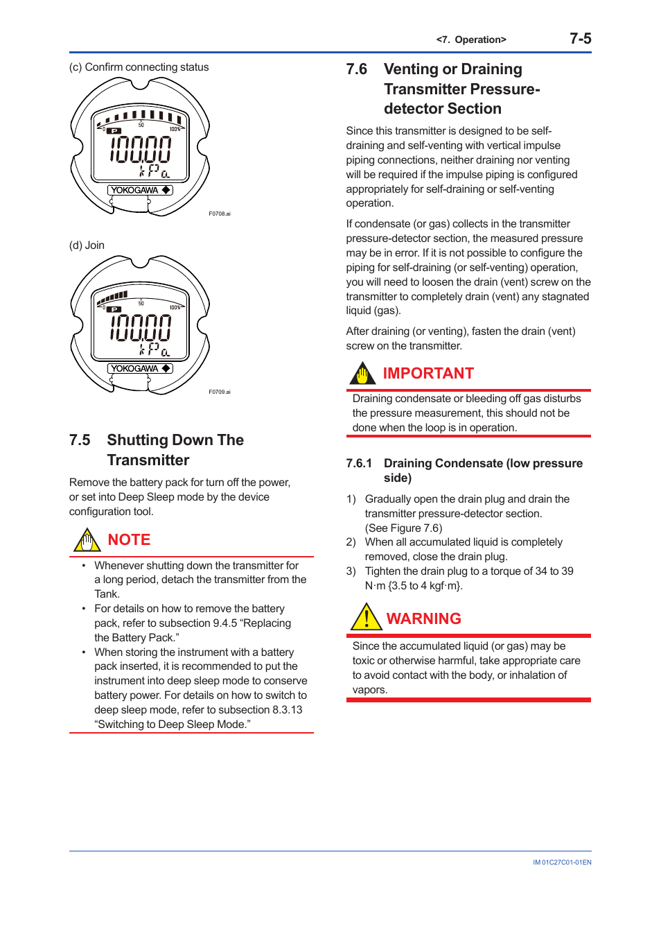 5 shutting down the transmitter, 1 draining condensate (low pressure side), Shutting down the transmitter -5 | Draining condensate (low pressure side) -5, Important, Warning | Yokogawa EJX210B User Manual | Page 33 / 101