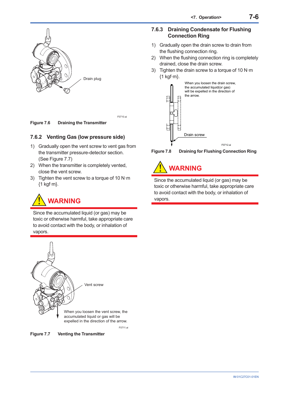 2 venting gas (low pressure side), 3 draining condensate for flushing connection ring, Venting gas (low pressure side) -6 | Warning | Yokogawa EJX210B User Manual | Page 34 / 101