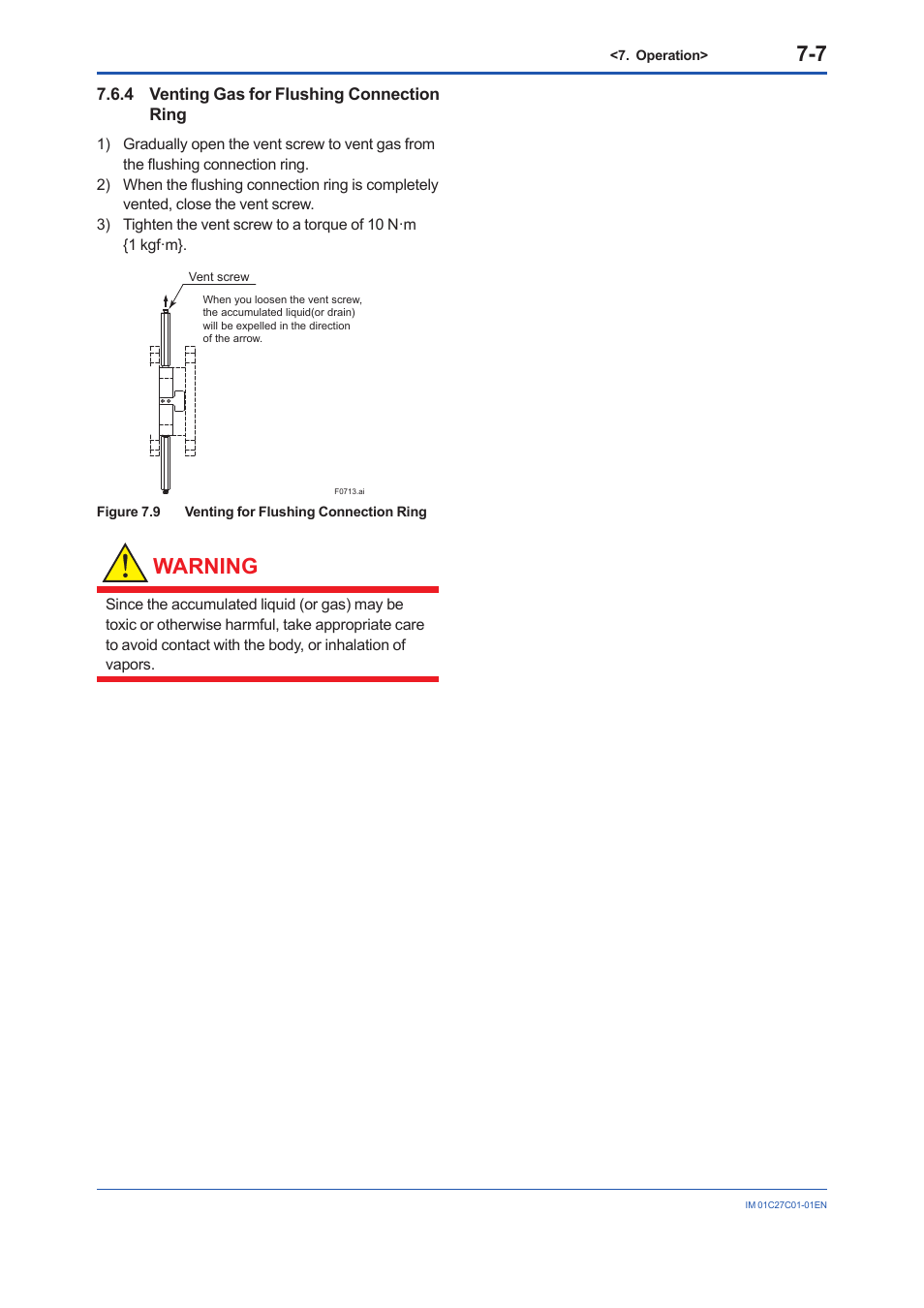 4 venting gas for flushing connection ring, Venting gas for flushing connection ring -7, Warning | Yokogawa EJX210B User Manual | Page 35 / 101