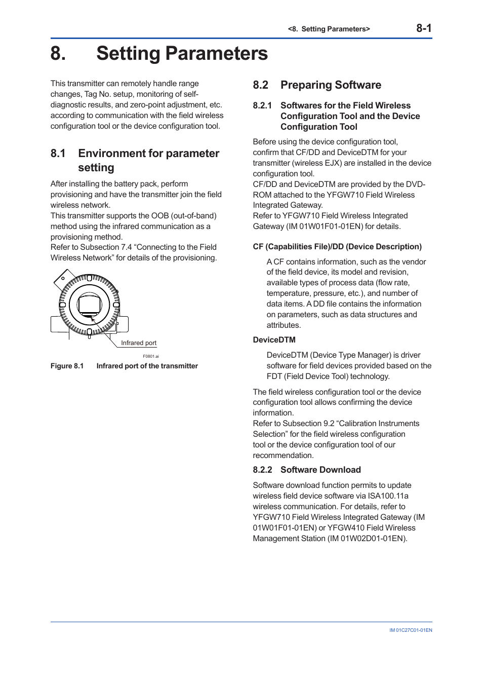 Setting parameters, 1 environment for parameter setting, 2 preparing software | 2 software download, Setting parameters -1, Environment for parameter setting -1, Preparing software -1 8.2.1, Configuration tool -1, Software download -1 | Yokogawa EJX210B User Manual | Page 36 / 101