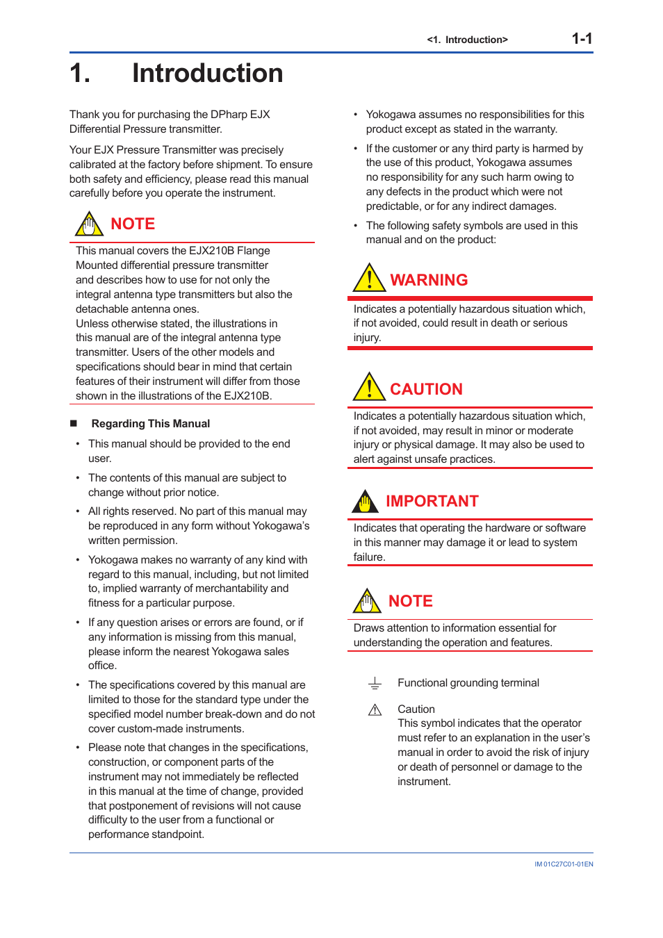 Introduction, Introduction -1, Warning | Caution, Important | Yokogawa EJX210B User Manual | Page 5 / 101