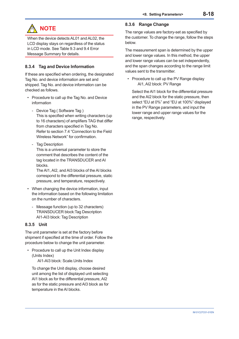 4 tag and device information, 5 unit, 6 range change | Tag and device information -18, Unit -18, Range change -18 | Yokogawa EJX210B User Manual | Page 53 / 101