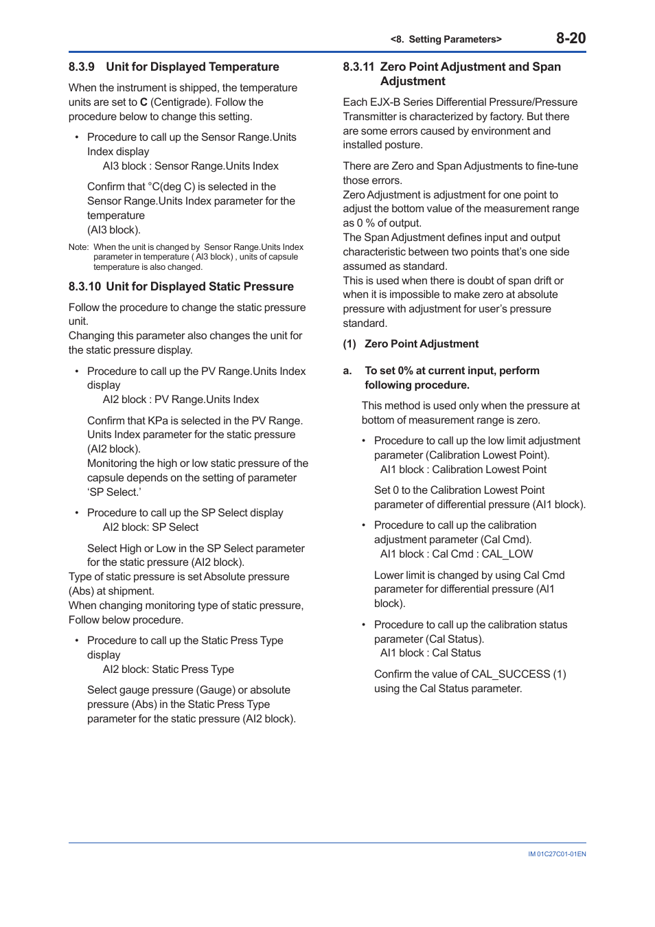 9 unit for displayed temperature, 10 unit for displayed static pressure, 11 zero point adjustment and span adjustment | Unit for displayed temperature -20, Unit for displayed static pressure -20, Zero point adjustment and span adjustment -20 | Yokogawa EJX210B User Manual | Page 55 / 101
