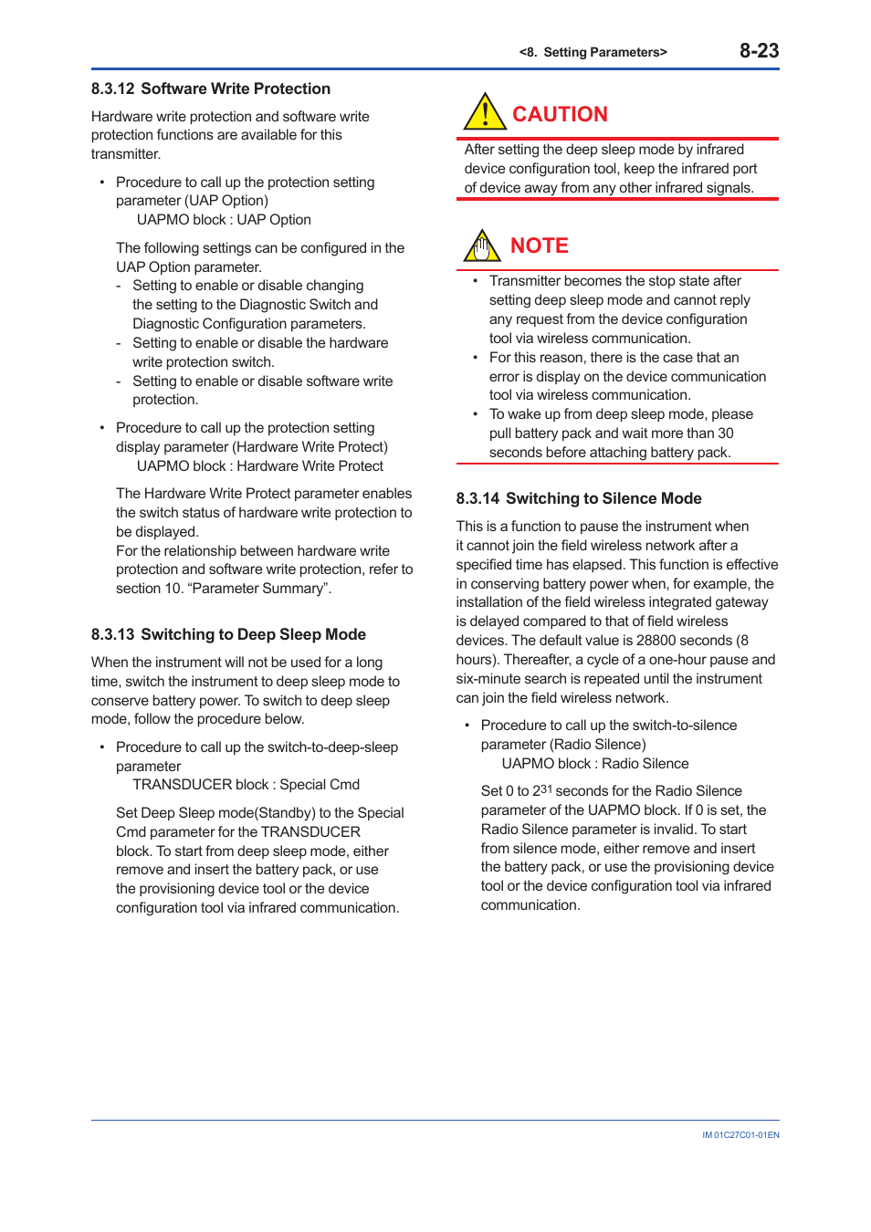 12 software write protection, 13 switching to deep sleep mode, 14 switching to silence mode | Software write protection -23, Switching to deep sleep mode -23, Switching to silence mode -23, Caution | Yokogawa EJX210B User Manual | Page 58 / 101