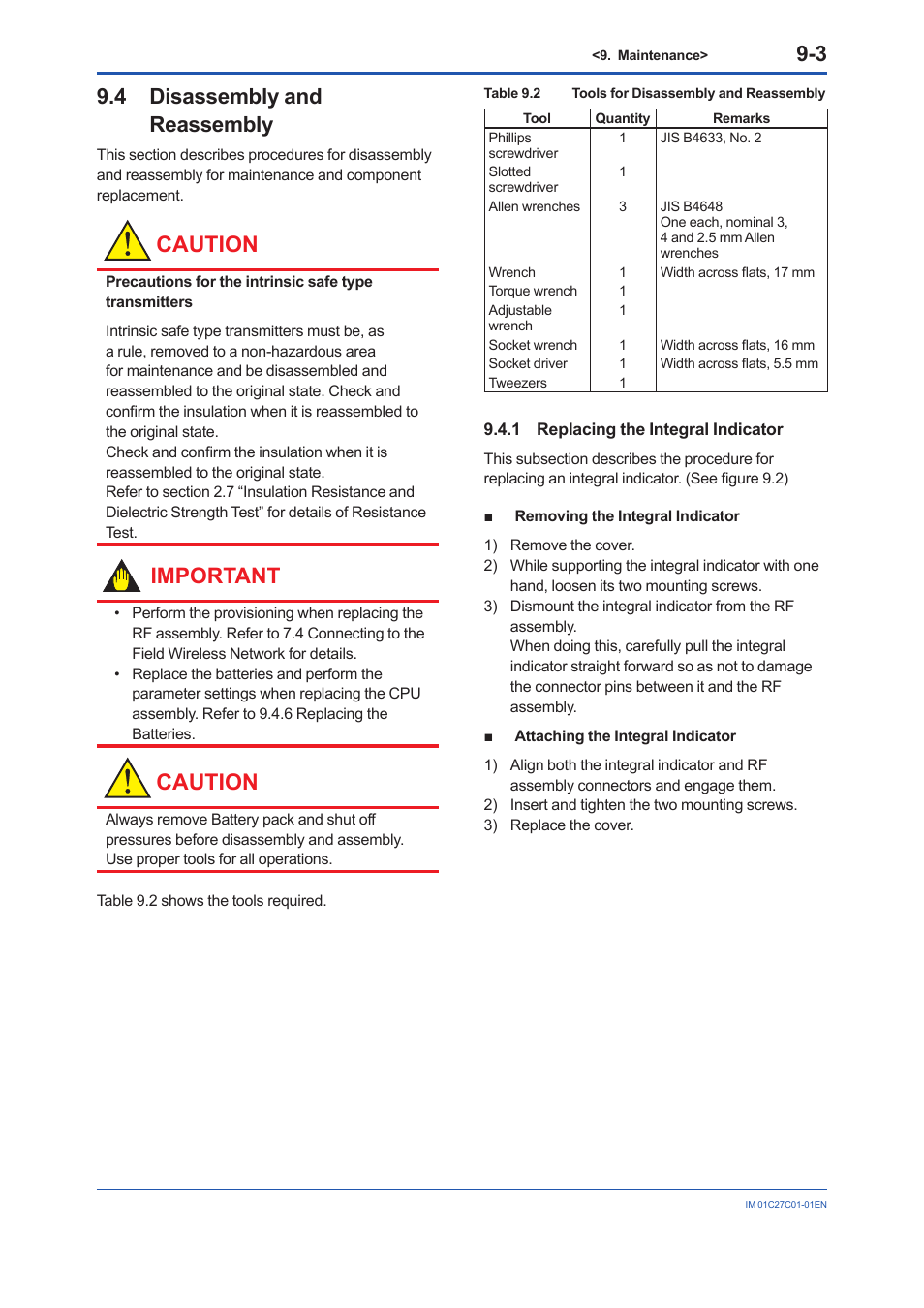 4 disassembly and reassembly, 1 replacing the integral indicator, Disassembly and reassembly -3 9.4.1 | Replacing the integral indicator -3, Caution, Important | Yokogawa EJX210B User Manual | Page 65 / 101