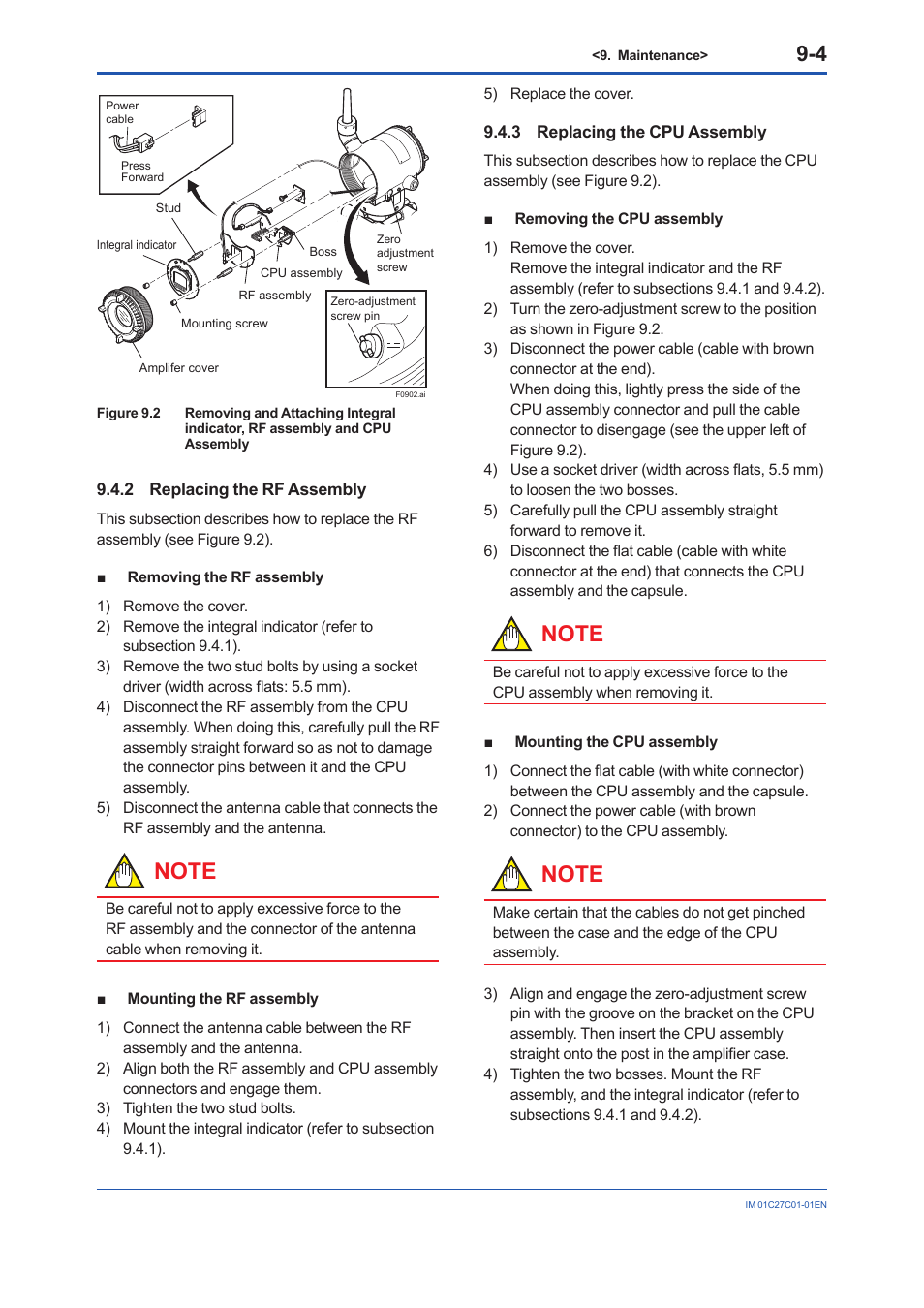 2 replacing the rf assembly, 3 replacing the cpu assembly, Replacing the rf assembly -4 | Replacing the cpu assembly -4 | Yokogawa EJX210B User Manual | Page 66 / 101