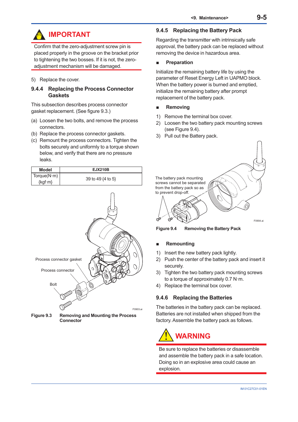 4 replacing the process connector gaskets, 5 replacing the battery pack, 6 replacing the batteries | Replacing the process connector gaskets -5, Replacing the battery pack -5, Replacing the batteries -5, Warning, Important | Yokogawa EJX210B User Manual | Page 67 / 101