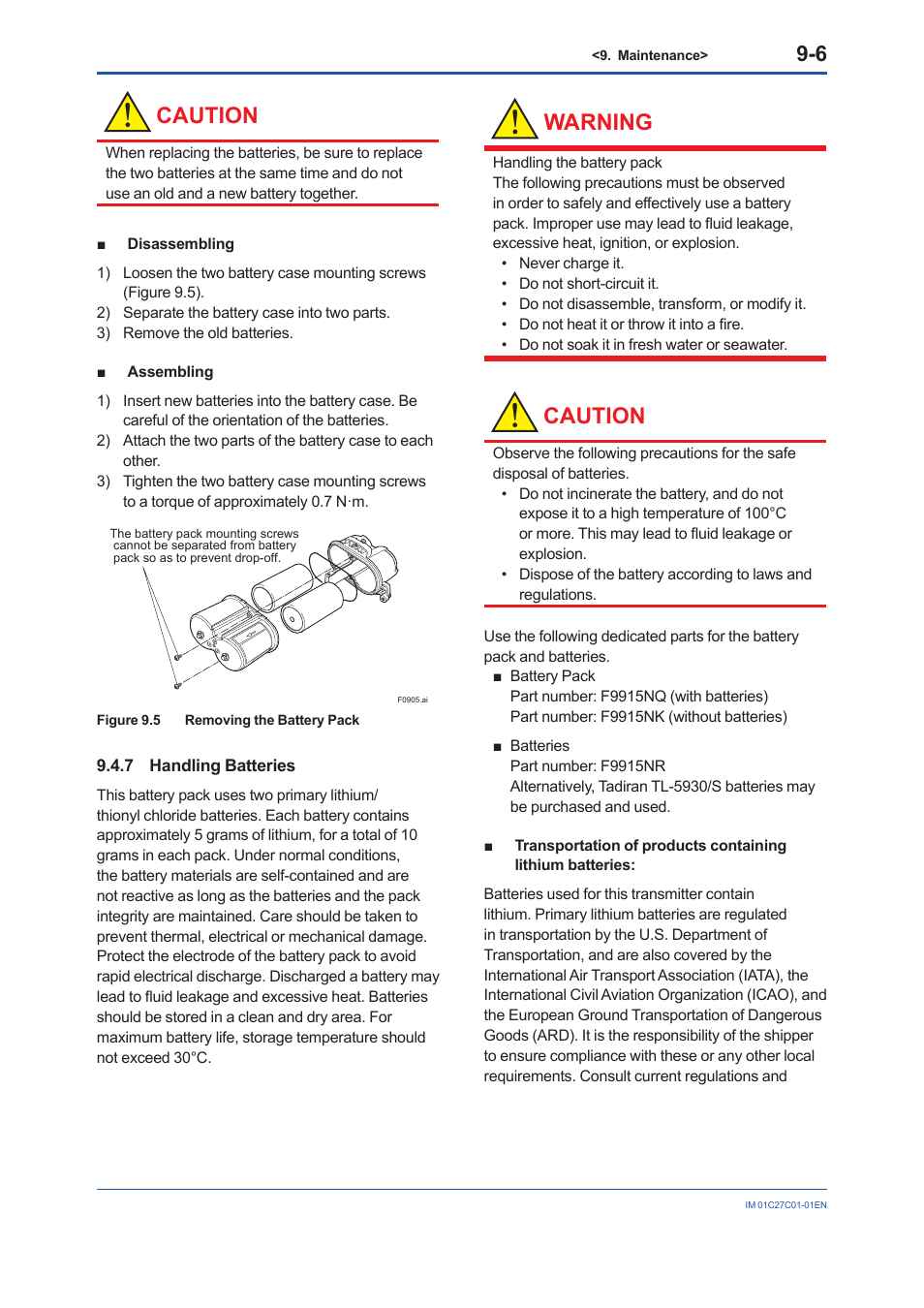 7 handling batteries, Handling batteries -6, Caution | Warning | Yokogawa EJX210B User Manual | Page 68 / 101