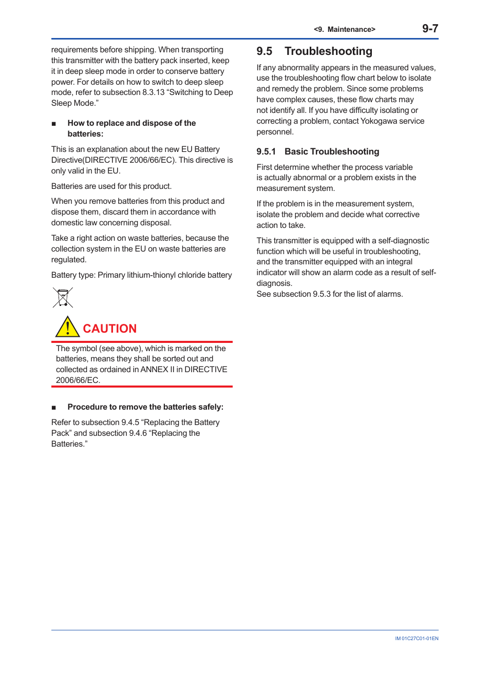 5 troubleshooting, 1 basic troubleshooting, Troubleshooting -7 9.5.1 | Basic troubleshooting -7, Caution | Yokogawa EJX210B User Manual | Page 69 / 101