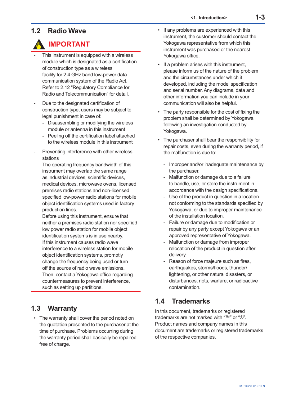 2 radio wave, 3 warranty, 4 trademarks | Radio wave -3, Warranty -3, Trademarks -3, 2 radio wave important | Yokogawa EJX210B User Manual | Page 7 / 101
