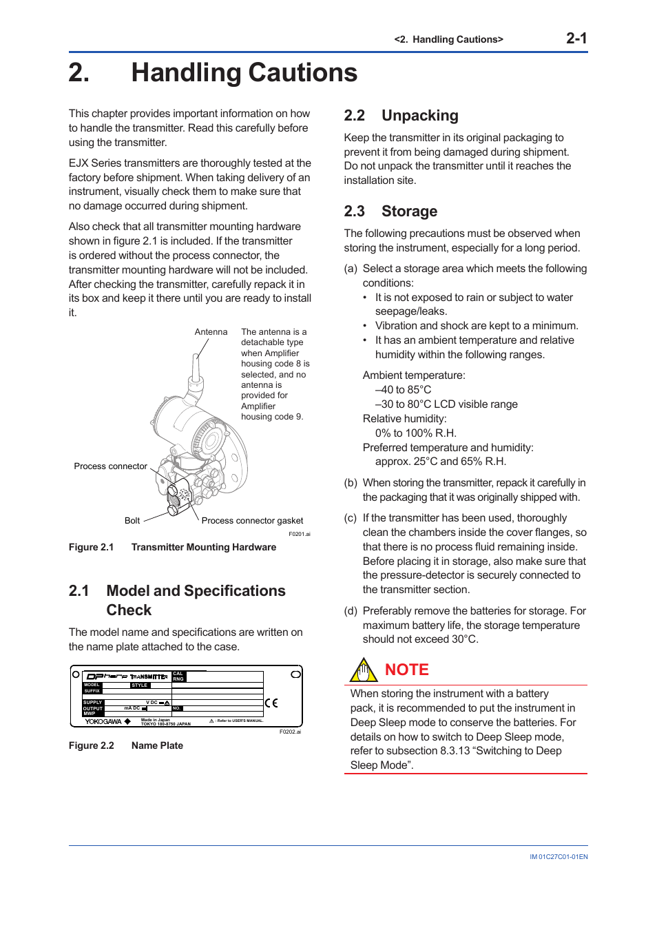 Handling cautions, 1 model and specifications check, 2 unpacking | 3 storage, Handling cautions -1, Model and specifications check -1, Unpacking -1, Storage -1 | Yokogawa EJX210B User Manual | Page 9 / 101