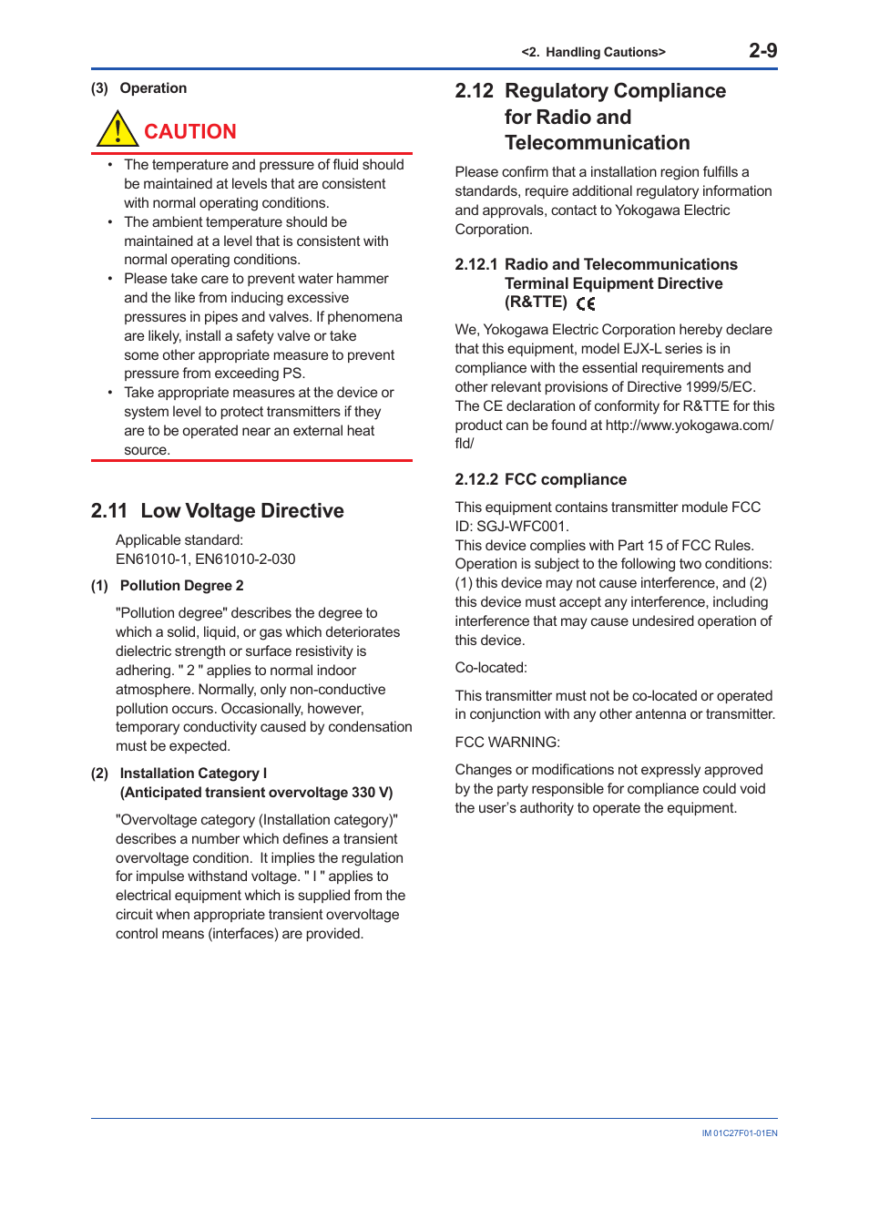 11 low voltage directive, 2 fcc compliance, Low voltage directive -9 | Fcc compliance -9, Caution | Yokogawa EJX530B User Manual | Page 17 / 91