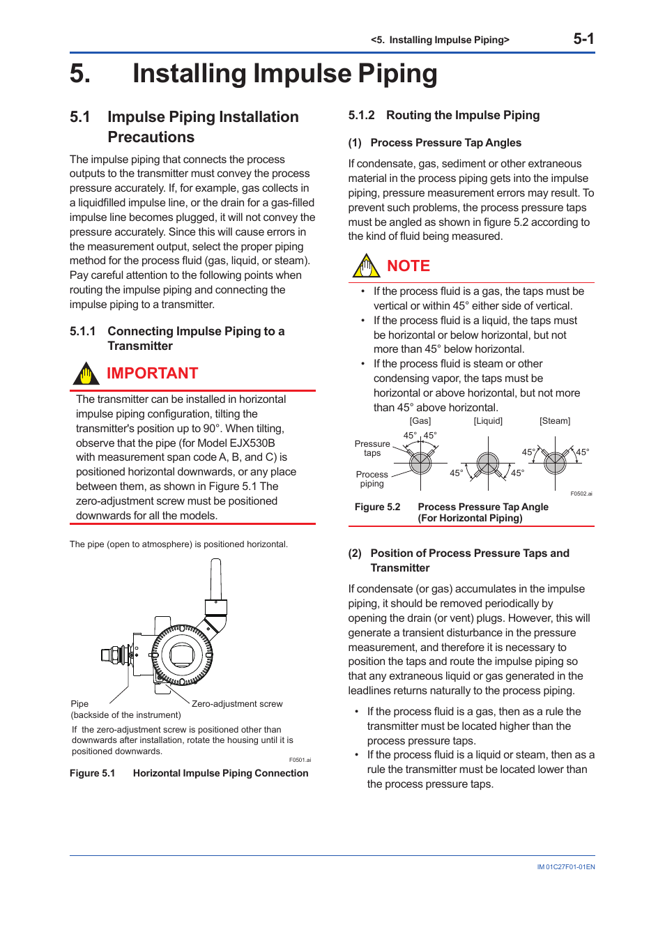 Installing impulse piping, 1 impulse piping installation precautions, 1 connecting impulse piping to a transmitter | 2 routing the impulse piping, Installing impulse piping -1, Impulse piping installation precautions -1 5.1.1, Connecting impulse piping to a transmitter -1, Routing the impulse piping -1, Important | Yokogawa EJX530B User Manual | Page 23 / 91