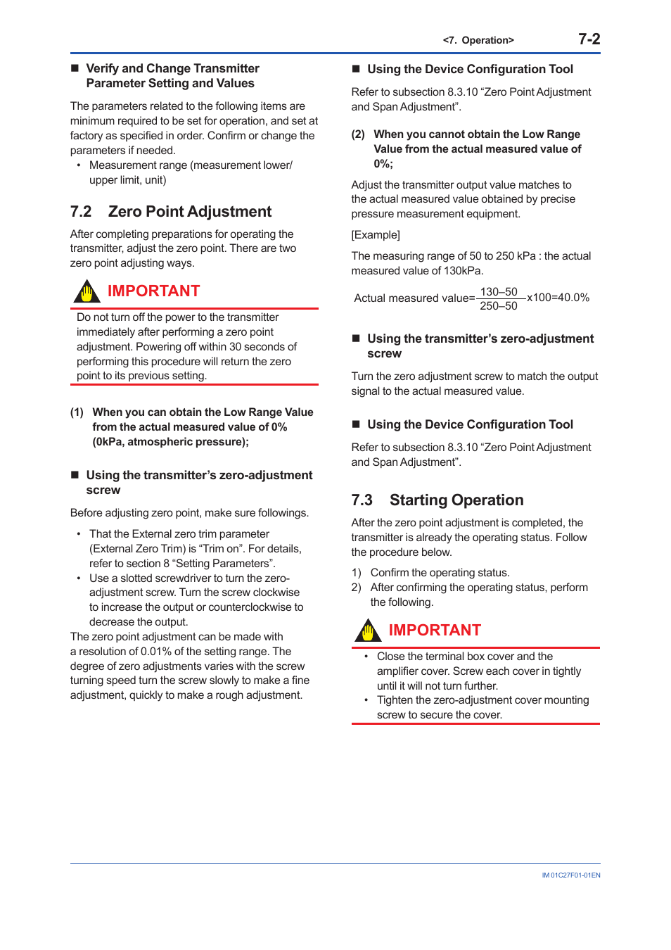 2 zero point adjustment, 3 starting operation, Zero point adjustment -2 | Starting operation -2, Important | Yokogawa EJX530B User Manual | Page 30 / 91