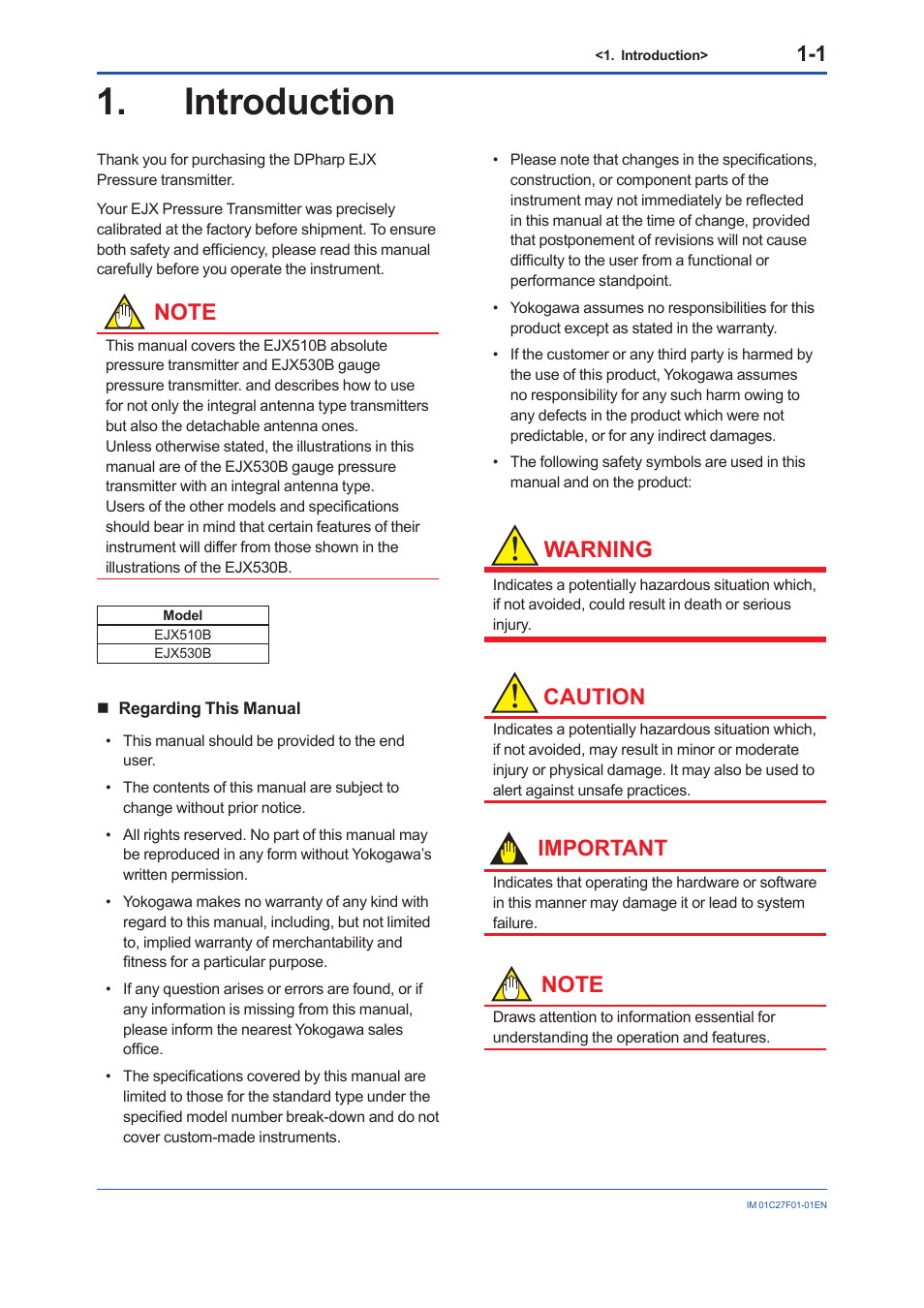Introduction, Introduction -1, Warning | Caution, Important | Yokogawa EJX530B User Manual | Page 5 / 91