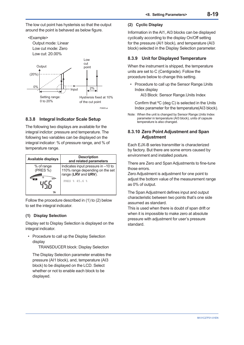 8 integral indicator scale setup, 9 unit for displayed temperature, 10 zero point adjustment and span adjustment | Integral indicator scale setup -19, Unit for displayed temperature -19, Zero point adjustment and span adjustment -19 | Yokogawa EJX530B User Manual | Page 52 / 91