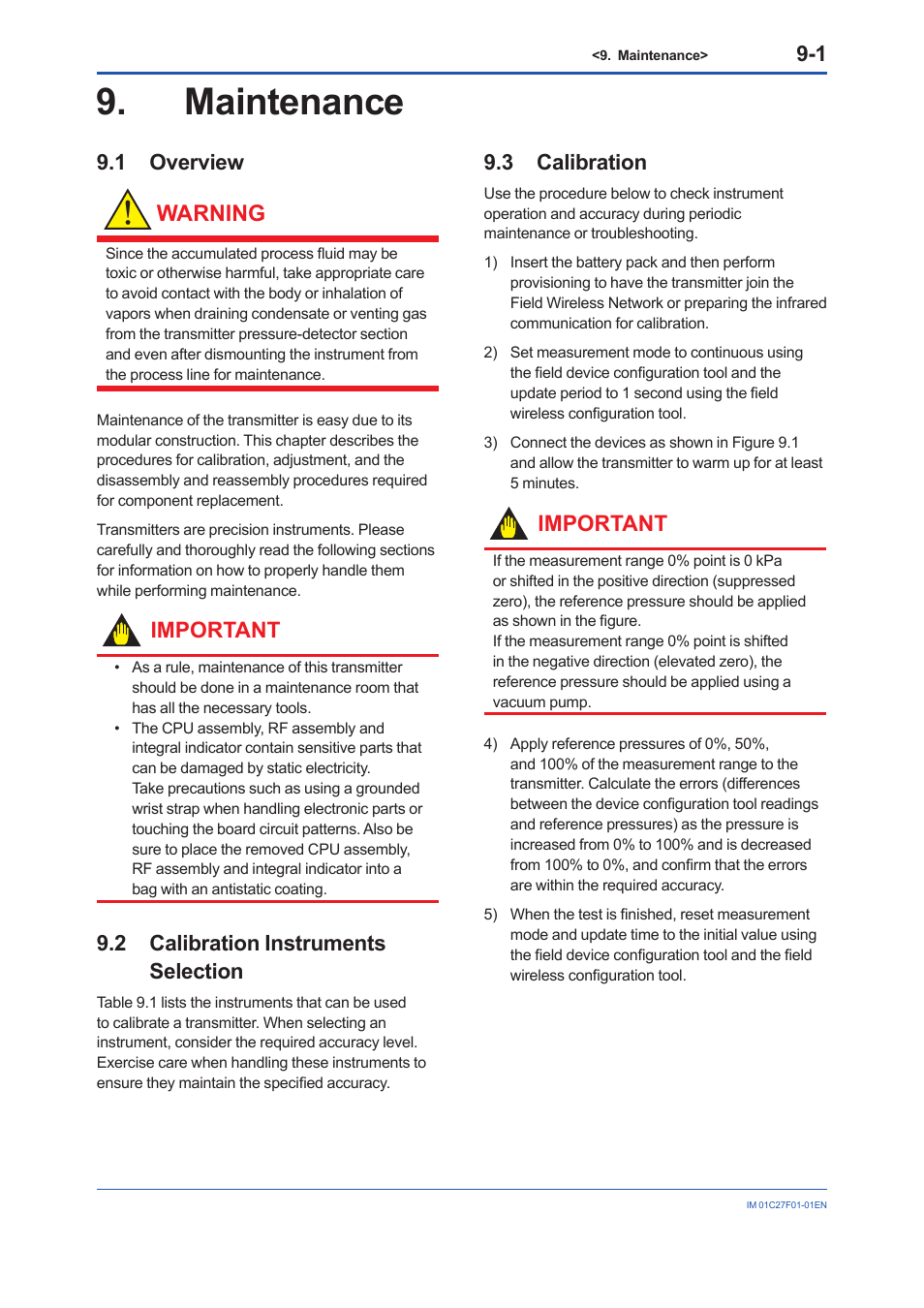 Maintenance, 1 overview, 2 calibration instruments selection | 3 calibration, Maintenance -1, Overview -1, Calibration instruments selection -1, Calibration -1, Warning, Important | Yokogawa EJX530B User Manual | Page 60 / 91