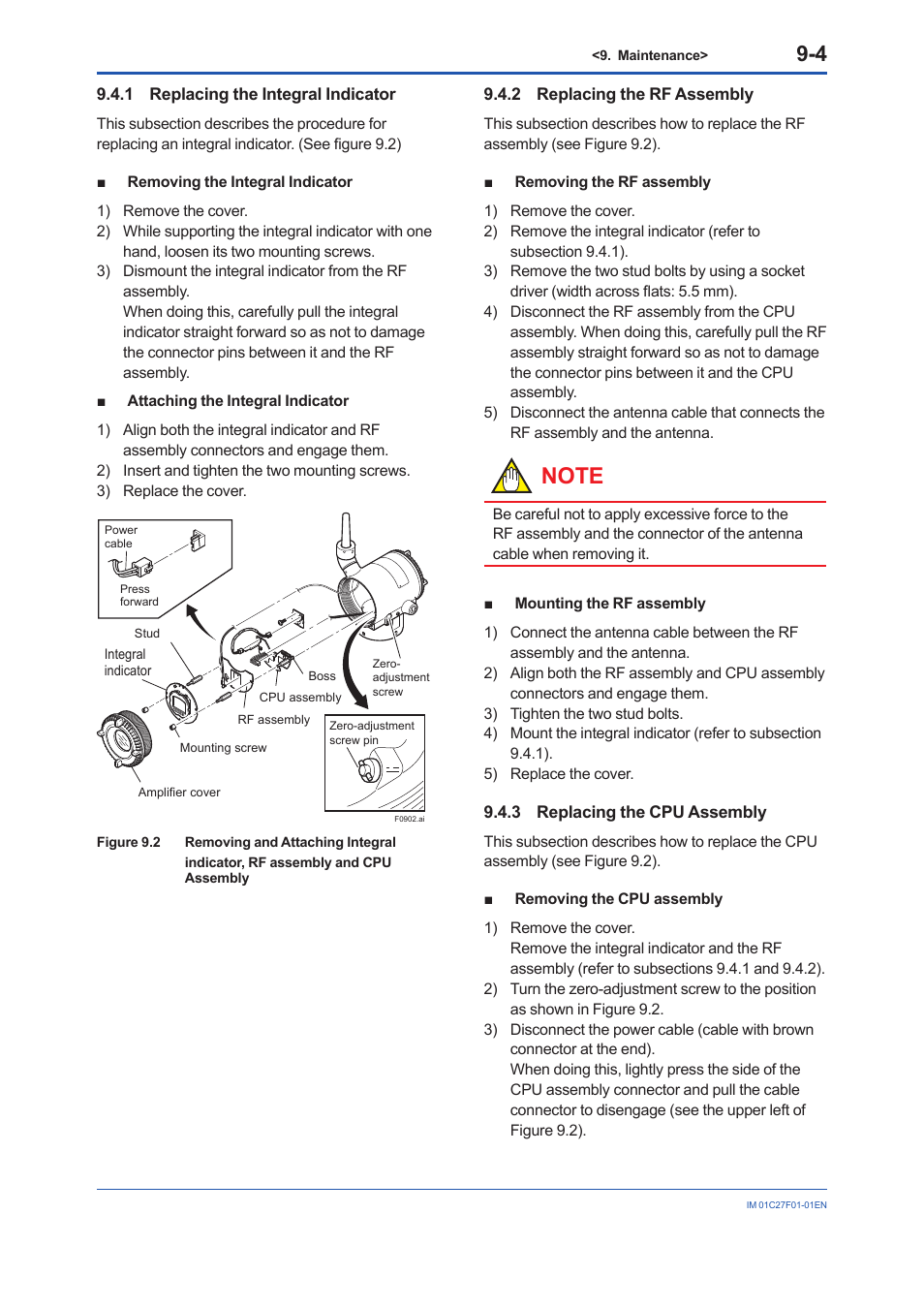 1 replacing the integral indicator, 2 replacing the rf assembly, 3 replacing the cpu assembly | Replacing the integral indicator -4, Replacing the rf assembly -4, Replacing the cpu assembly -4 | Yokogawa EJX530B User Manual | Page 63 / 91