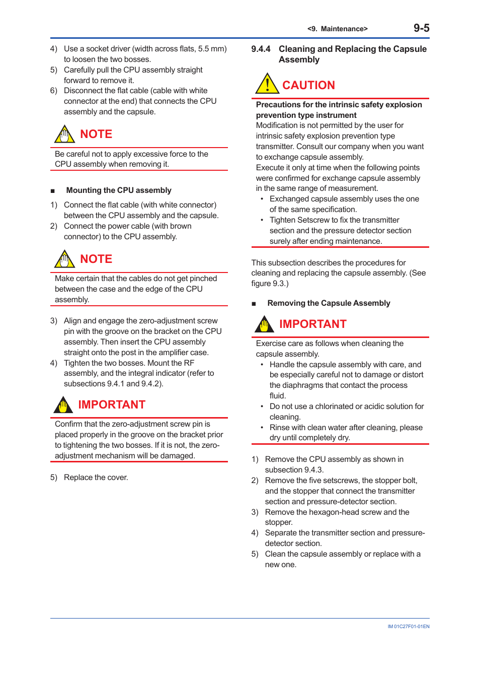 4 cleaning and replacing the capsule assembly, Cleaning and replacing the capsule assembly -5, Caution | Important | Yokogawa EJX530B User Manual | Page 64 / 91